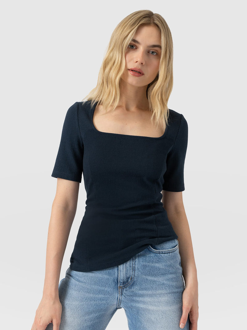 Akia Short Sleeve Tee - Navy Textured - Women's T-shirts | Saint and Sofia® USA