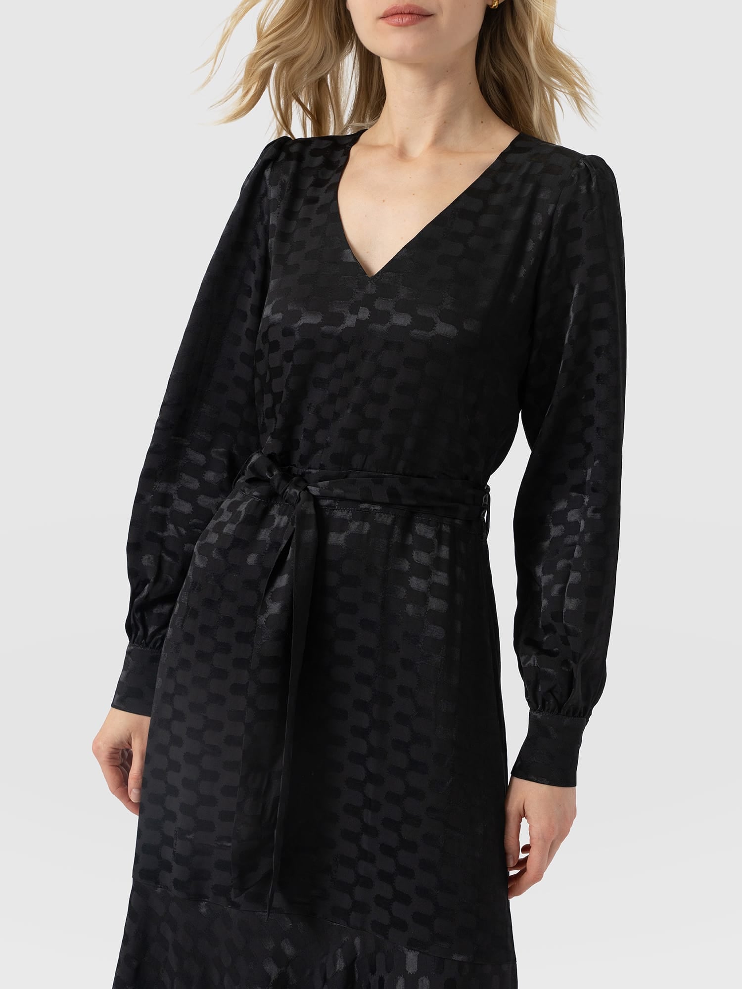 Allegra V Neck Dress - Black Jacquard - Women's Dresses | Saint and Sofia® USA