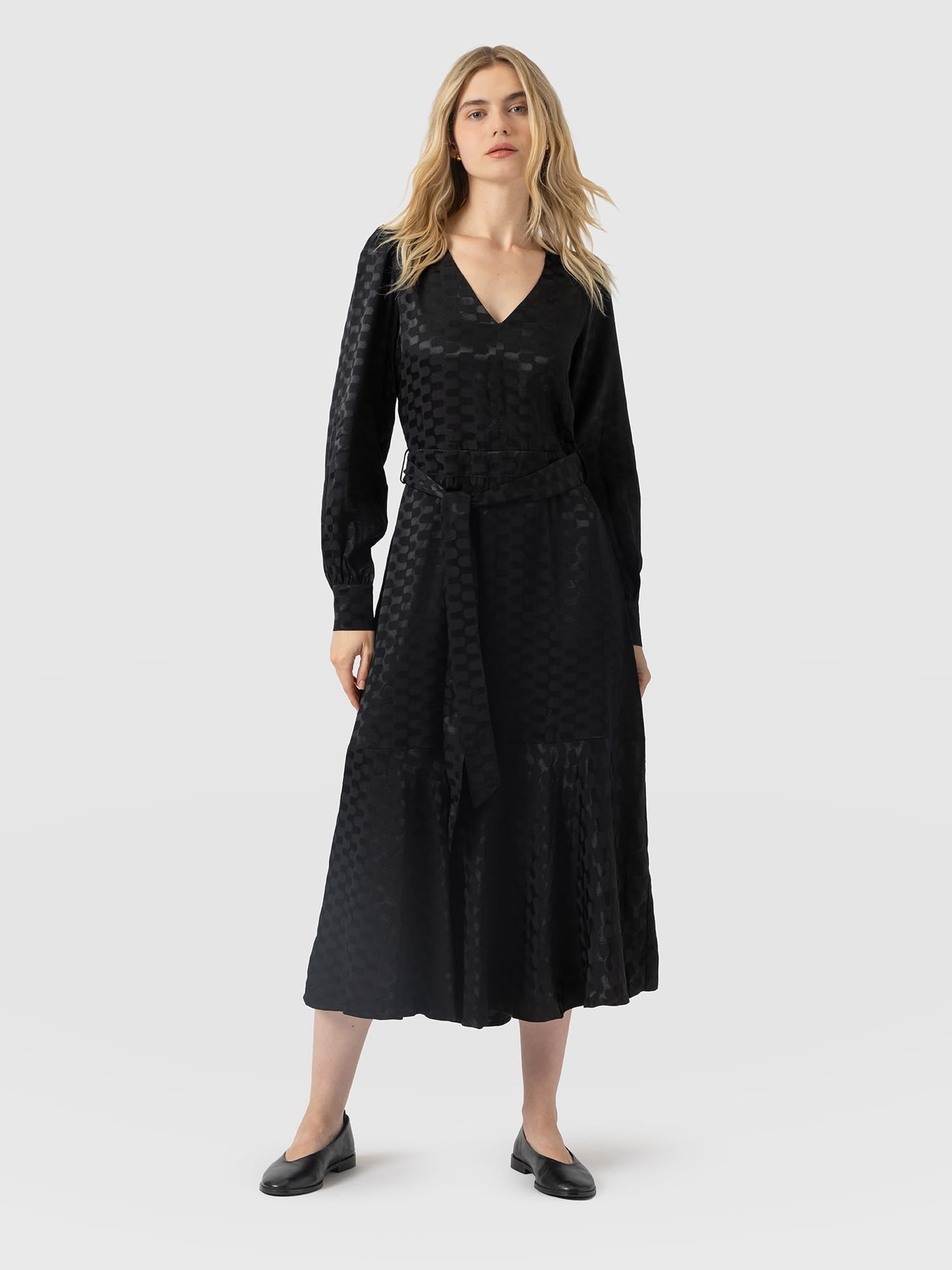 Allegra V Neck Dress - Black Jacquard - Women's Dresses | Saint and Sofia® USA