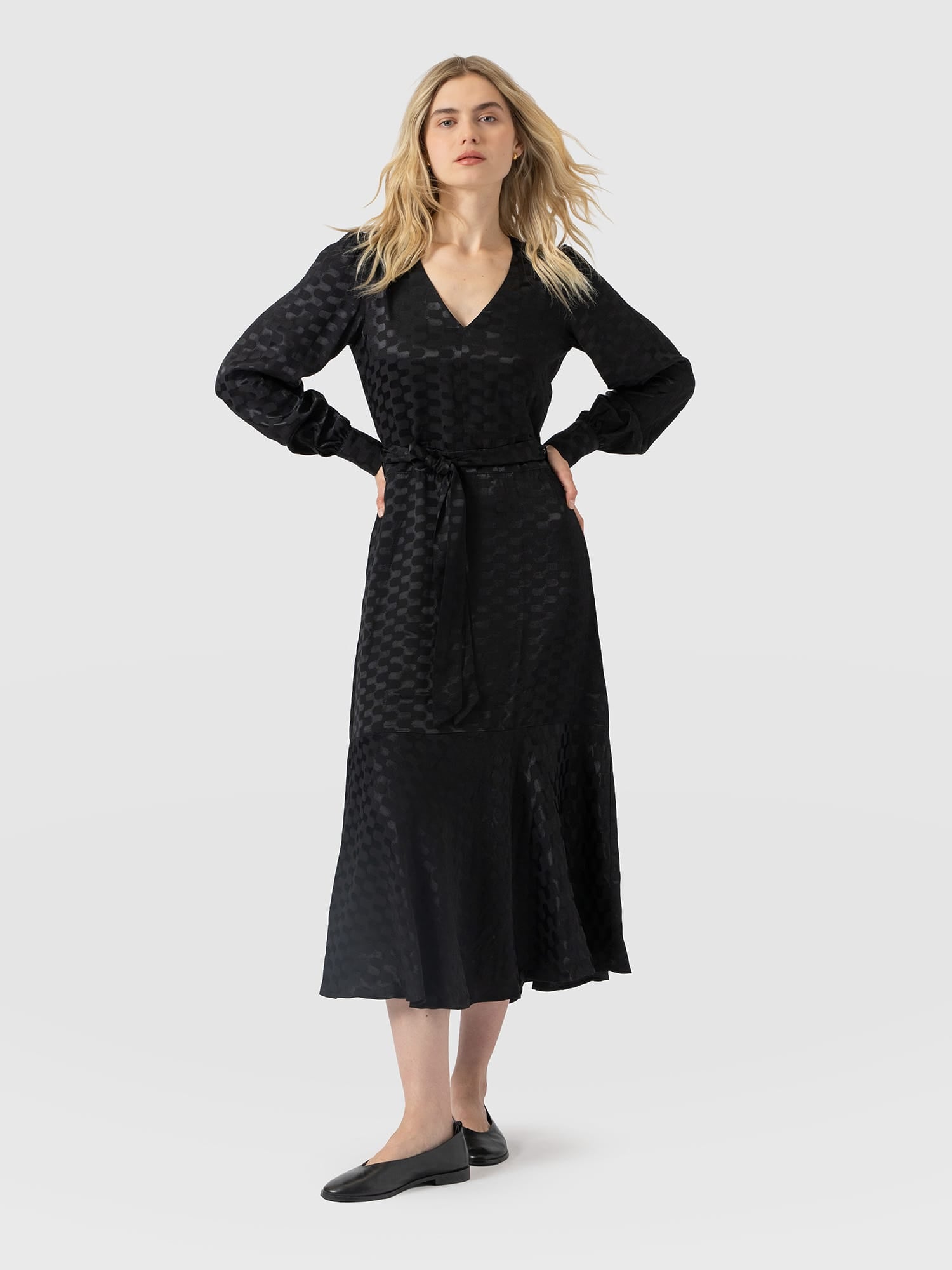 Allegra V Neck Dress - Black Jacquard - Women's Dresses | Saint and Sofia® USA