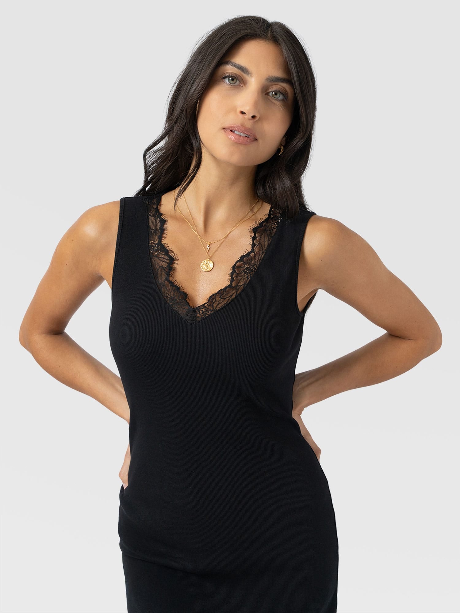 Andie Sleeveless V Neck Dress - Black Lace - Women's Dresses | Saint + Sofia® USA