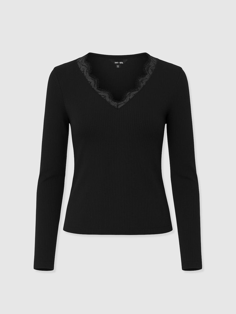 Andie V Neck Long Sleeve Tee - Black Lace - Women's T-shirts | Saint + Sofia® USA