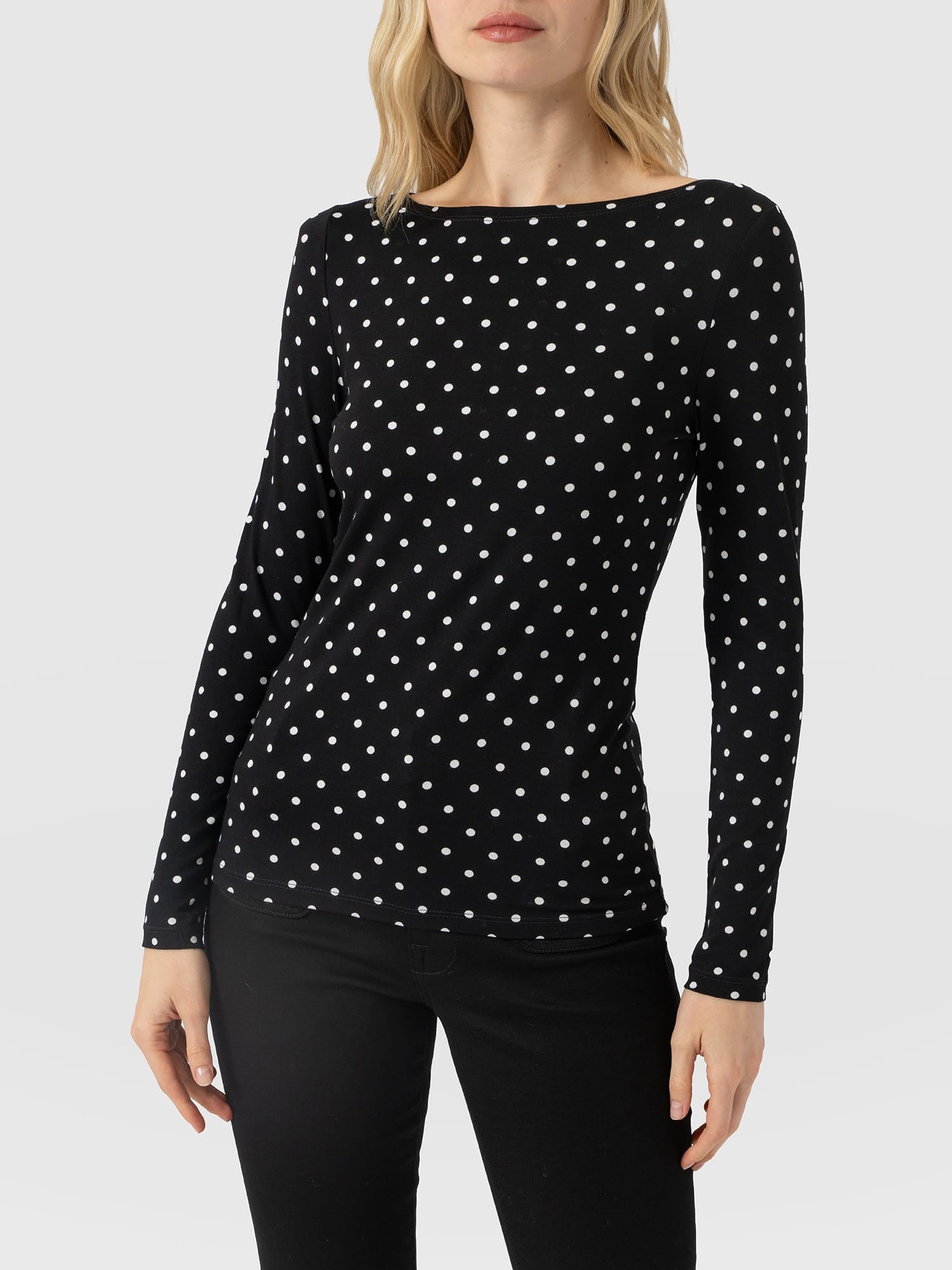Austen Boat Neck Long Sleeve Tee - Black Polka Dot - Women's T-shirts | Saint and Sofia® USA