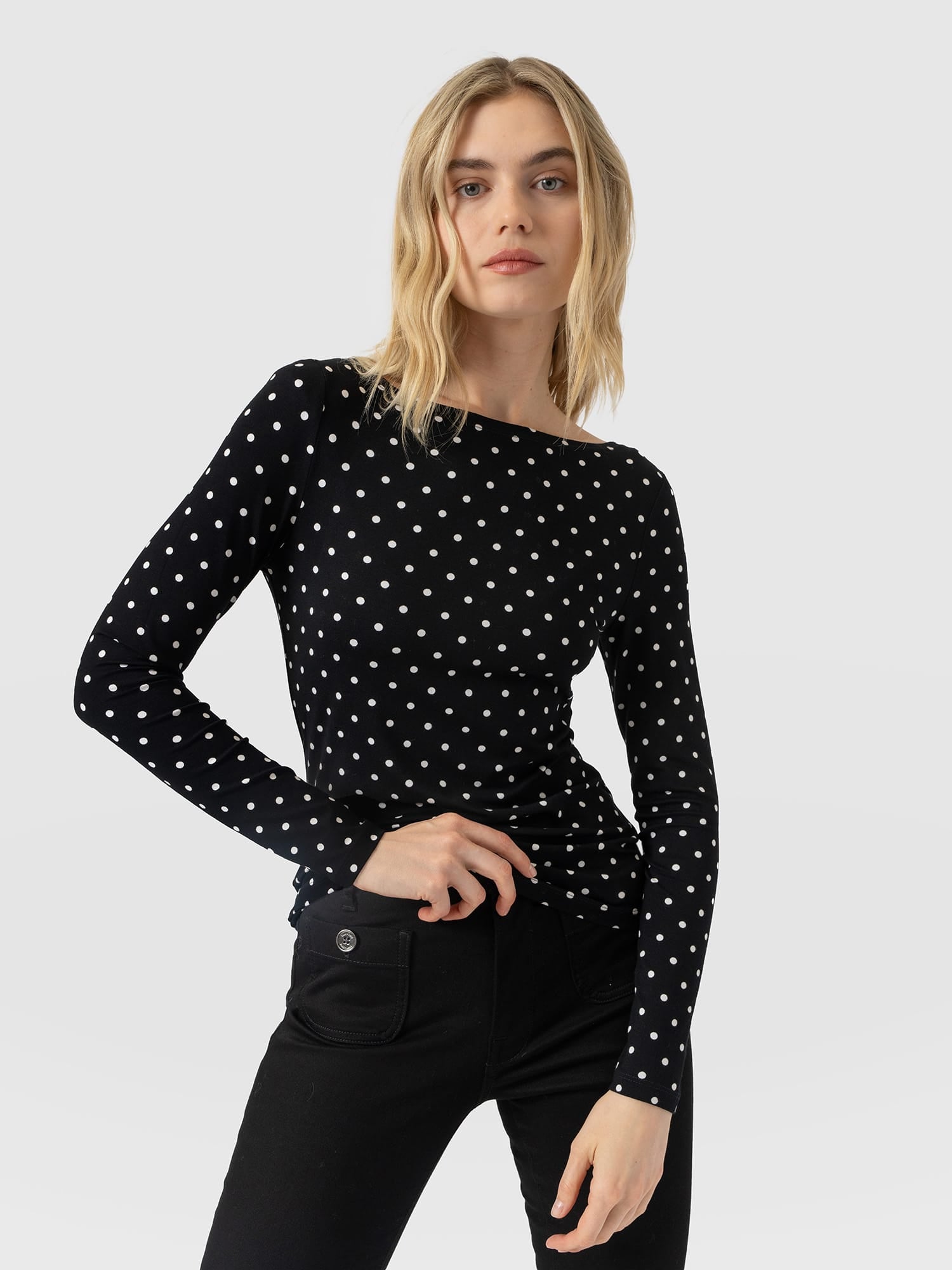 Austen Boat Neck Long Sleeve Tee - Black Polka Dot - Women's T-shirts | Saint and Sofia® USA