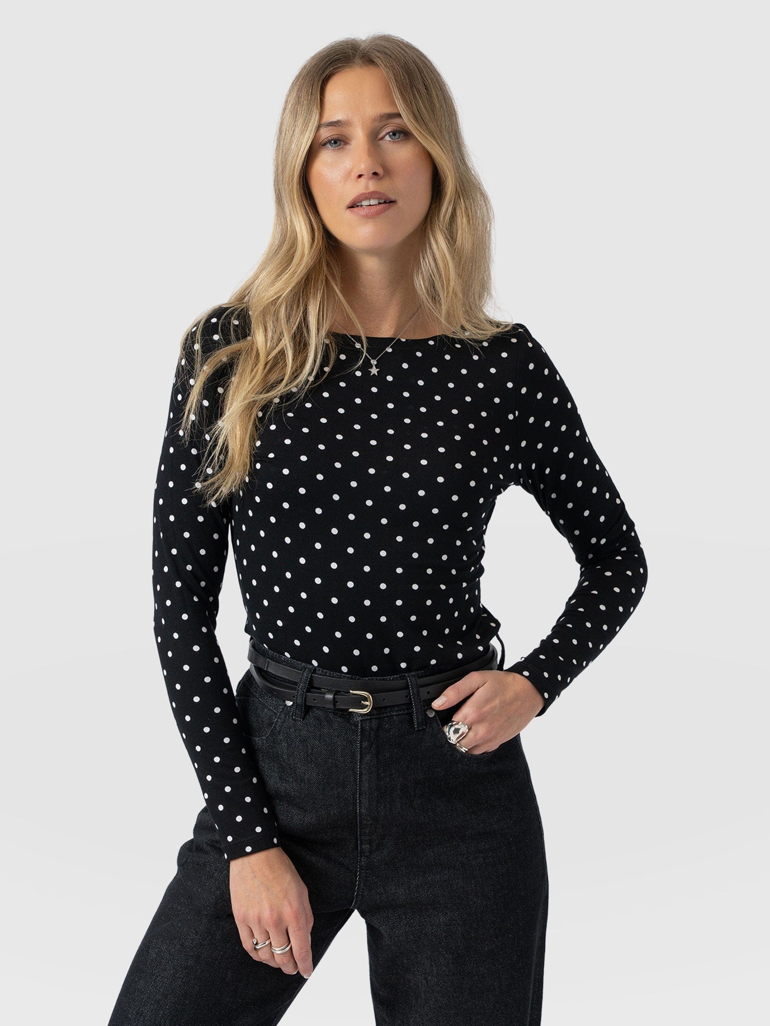 Austen Boat Neck Long Sleeve Tee - Black Polka Dot - Women's T-shirts | Saint + Sofia® USA