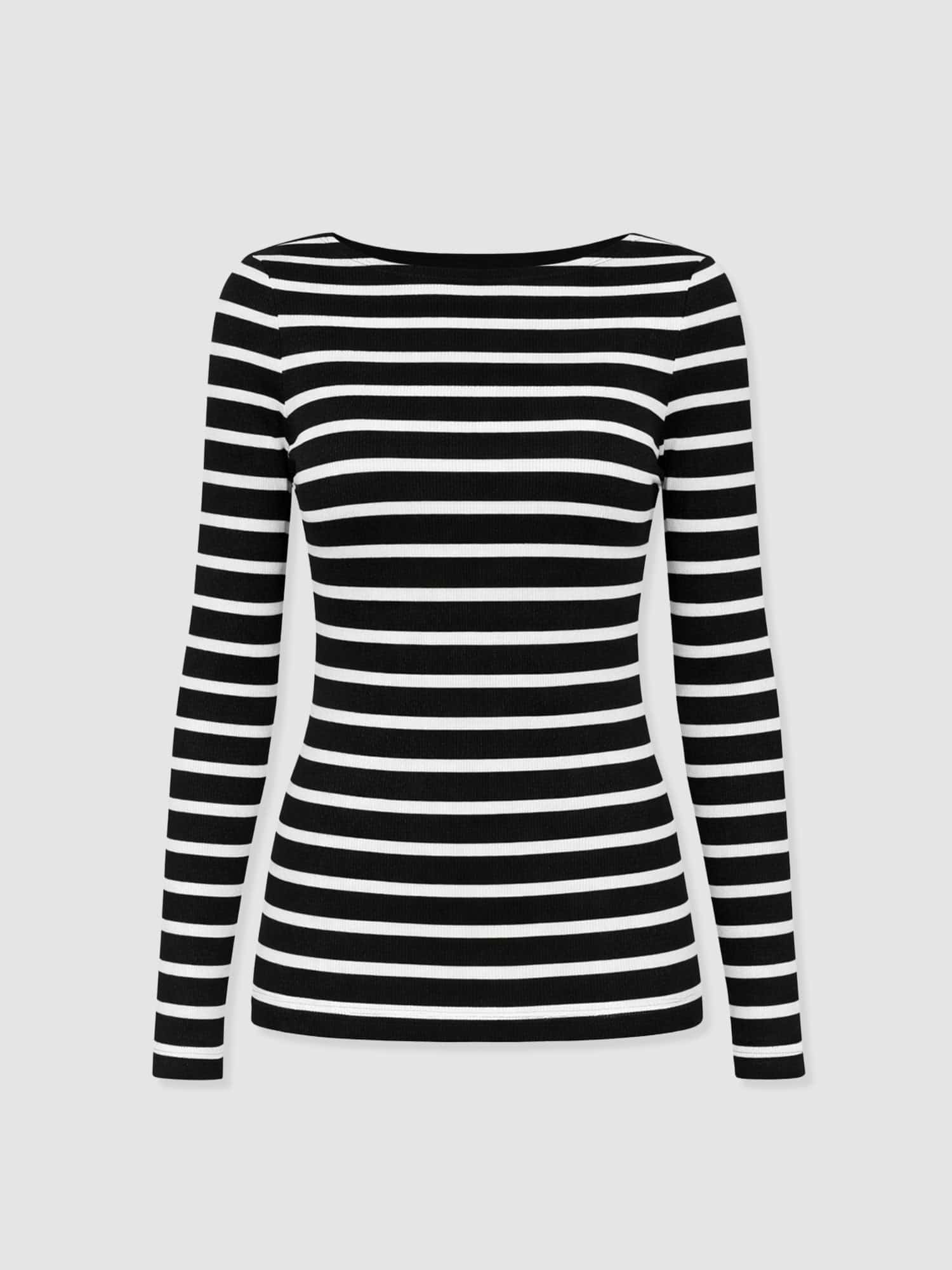 Austen Boat Neck Long Sleeve Tee - Black & White Stripe - Women's T-shirts | Saint + Sofia® USA
