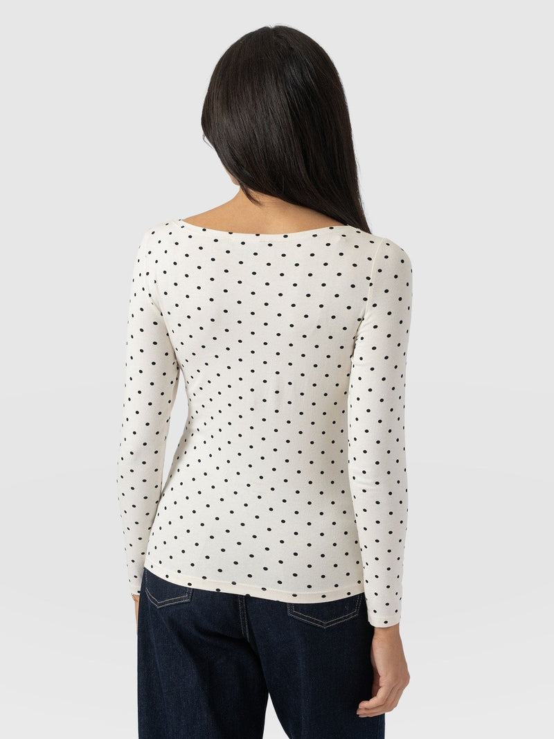 Austen Boat Neck Long Sleeve Tee - Cream Polka Dot - Women's T-shirts | Saint + Sofia® USA
