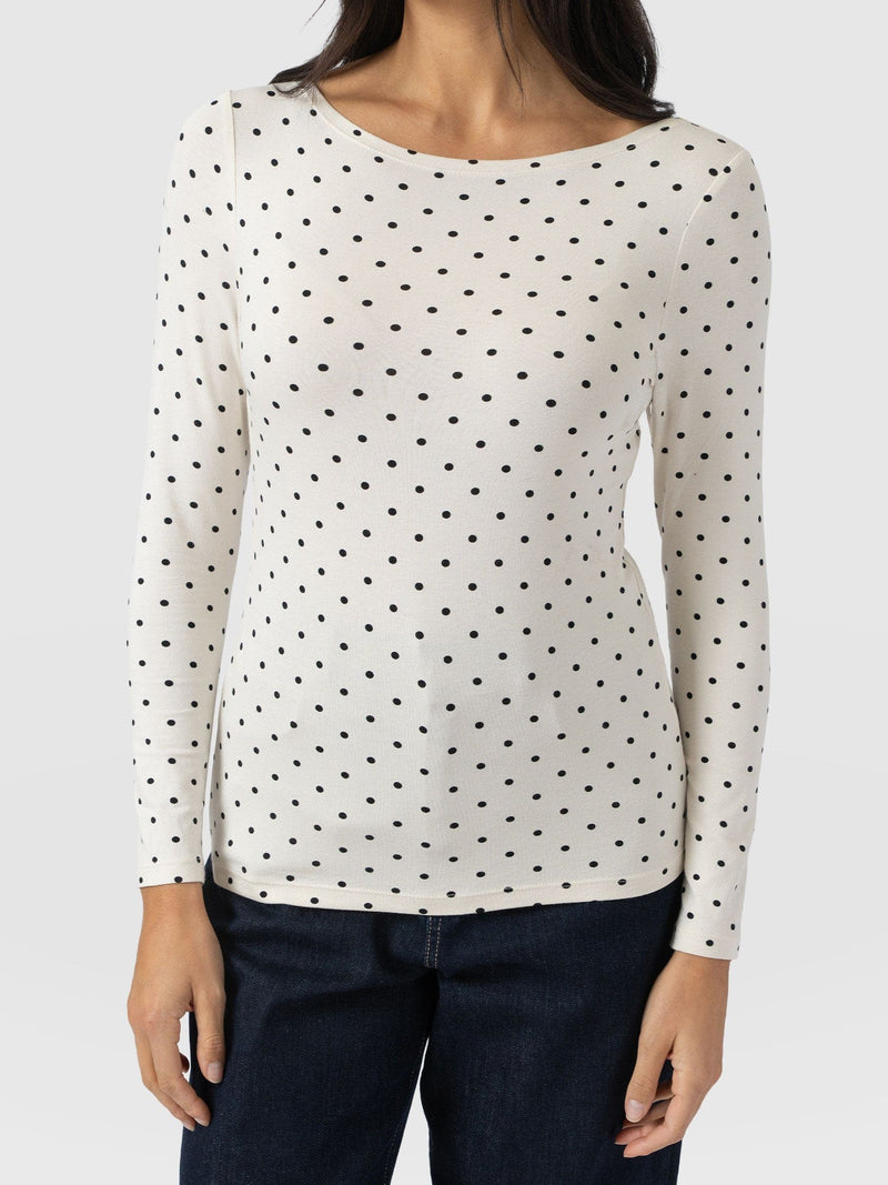 Austen Boat Neck Long Sleeve Tee - Cream Polka Dot - Women's T-shirts | Saint + Sofia® USA