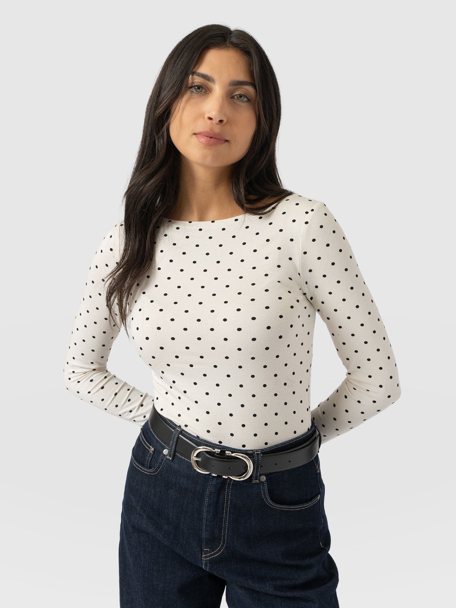 Austen Boat Neck Long Sleeve Tee - Cream Polka Dot - Women's T-shirts | Saint + Sofia® USA