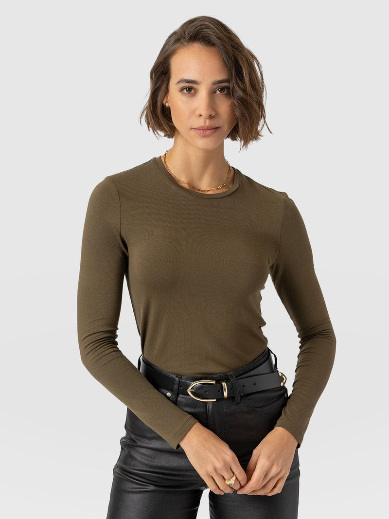 Austen Crew Neck Long Sleeve Tee Khaki - Women's Tops | Saint + Sofia® US