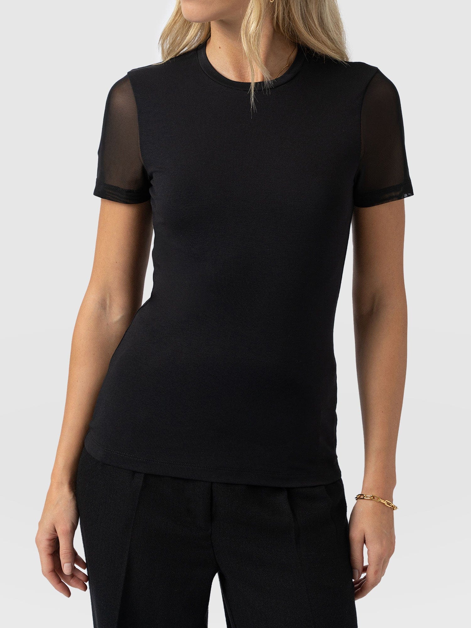 Austen Crew Neck Tee Short Sleeve - Black Mesh - Women's T-shirts | Saint + Sofia® USA