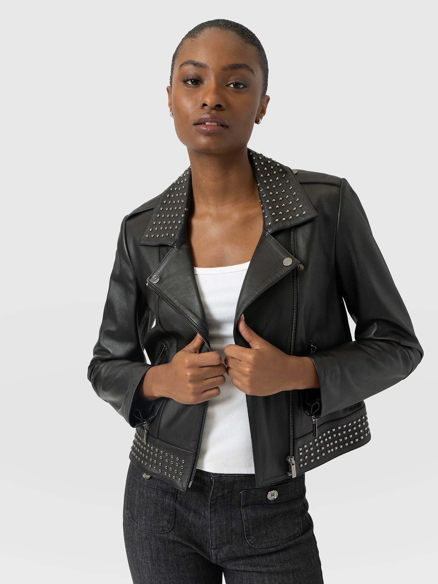 Bonham Studded Biker Jacket Black - Women's Leather Jacket | Saint and Sofia® USA