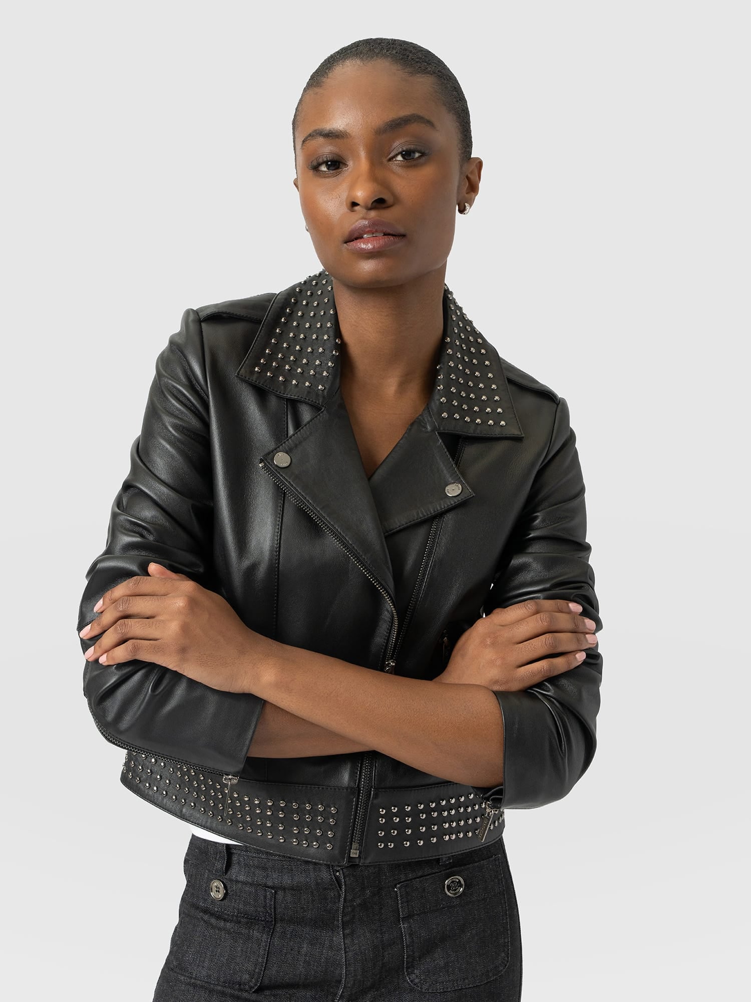 Bonham Studded Biker Jacket Black - Women's Leather Jacket | Saint and Sofia® USA