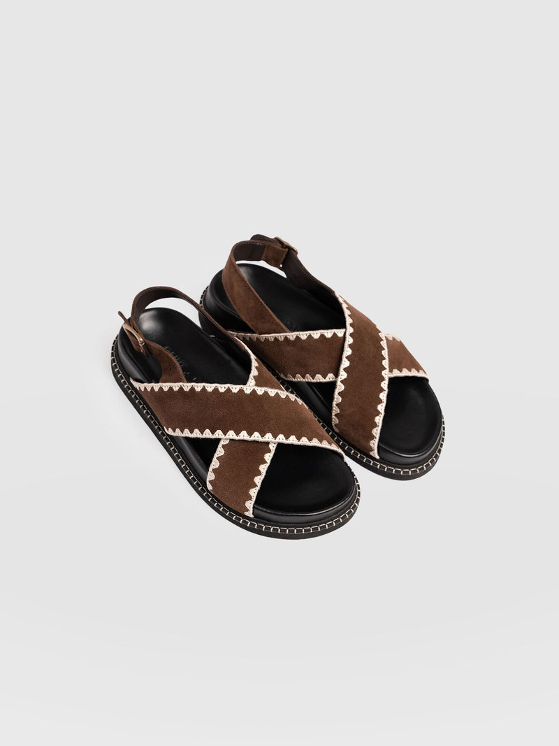 Bonnie Cross Over Sandals - Chocolate Suede - Women's Shoes | Saint + Sofia® USA