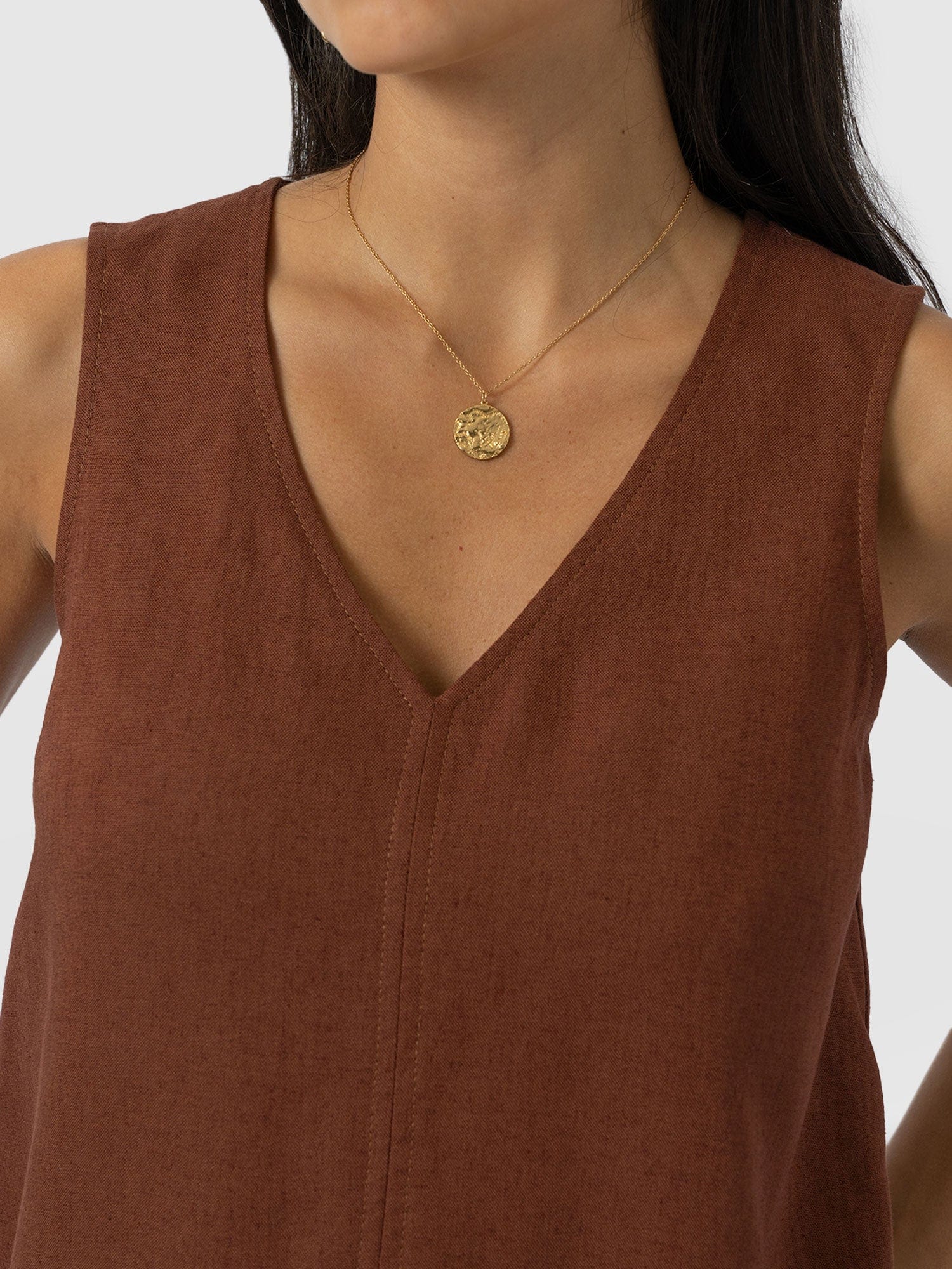 Corinne Linen V Neck Tunic - Russet Brown - Women's Tops | Saint + Sofia® USA