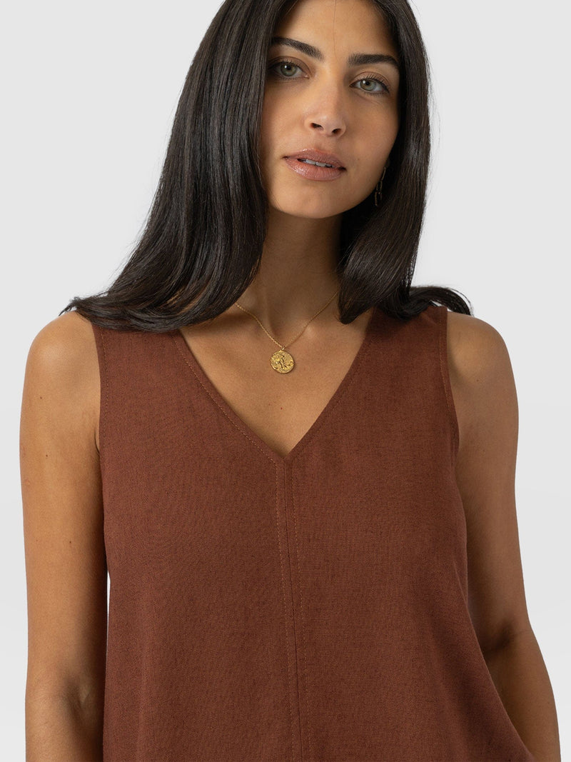 Corinne Linen V Neck Tunic - Russet Brown - Women's Tops | Saint + Sofia® USA