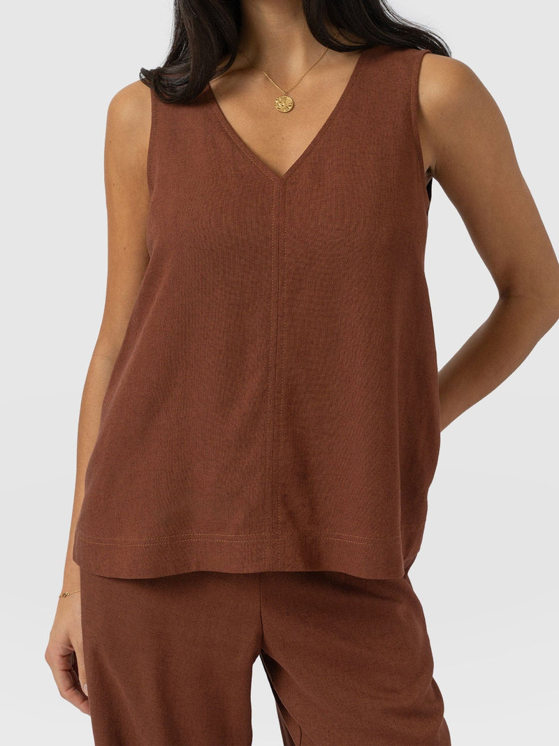 Corinne Linen V Neck Tunic - Russet Brown - Women's Tops | Saint + Sofia® USA
