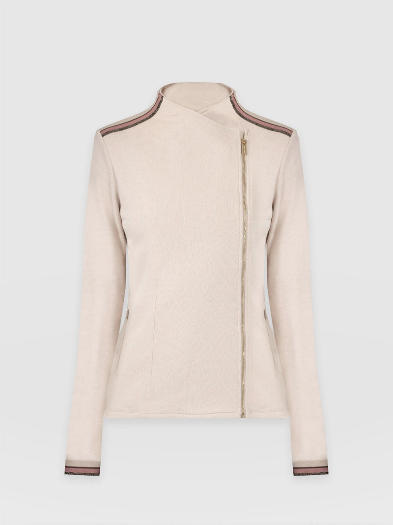 Cotton Biker Jacket Light Beige with Gold Lurex Tape - Women's Jackets | Saint + Sofia® USA