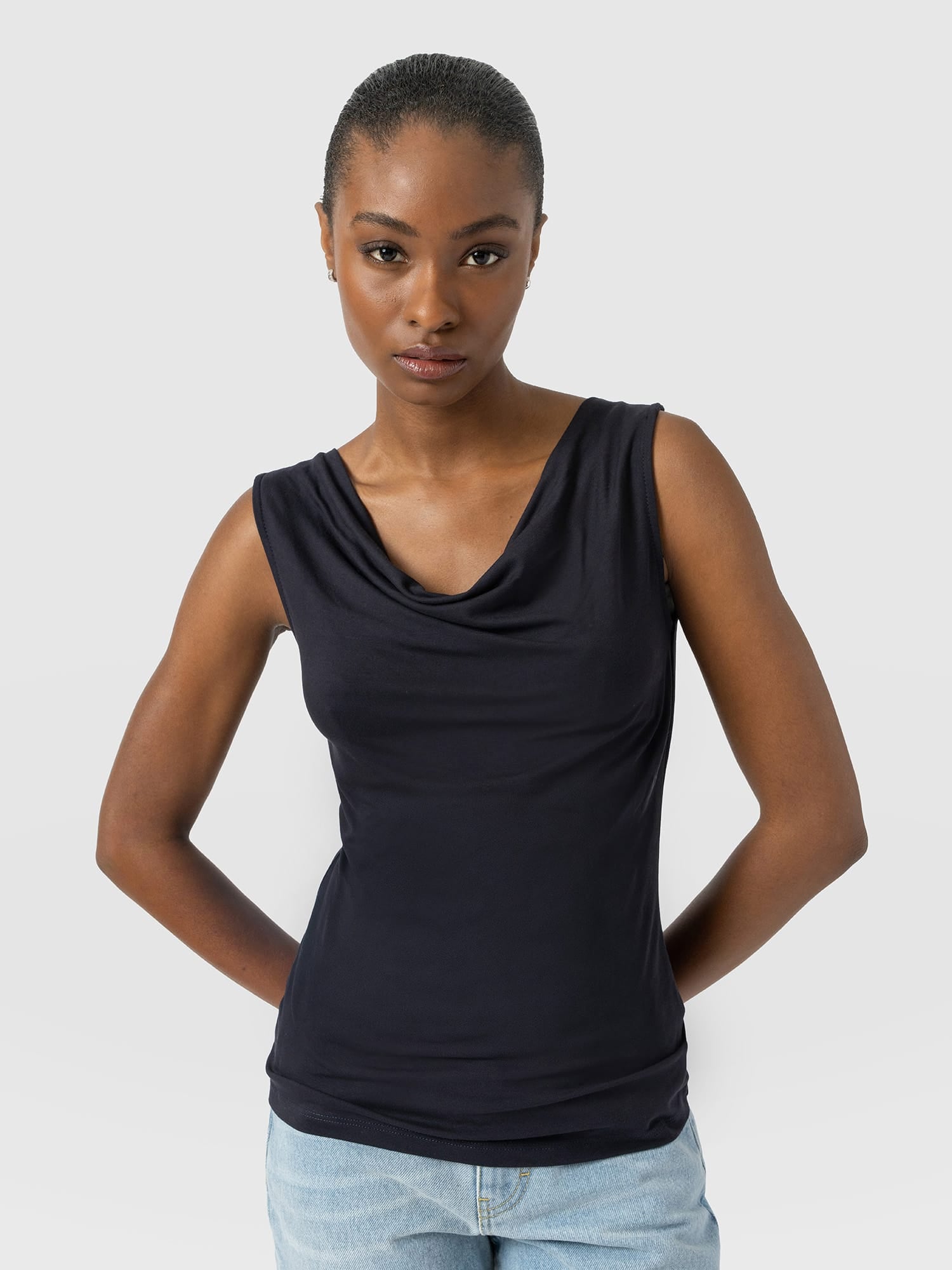 Cowl Neck Cami Navy - Women's T-Shirts | Saint and Sofia® USA
