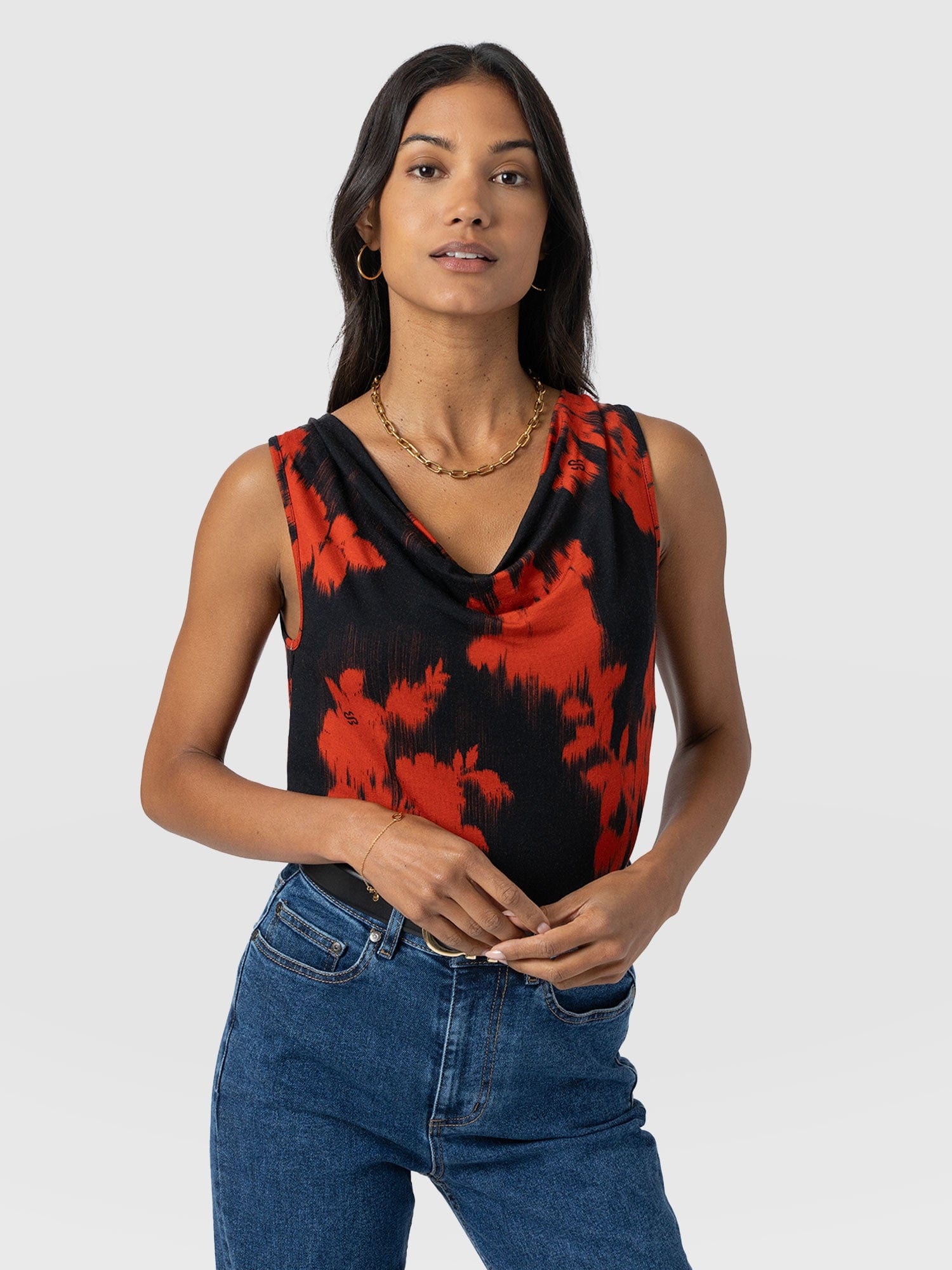 Cowl Neck Cami - Orange Fade Floral - Women's T-shirts | Saint and Sofia® USA