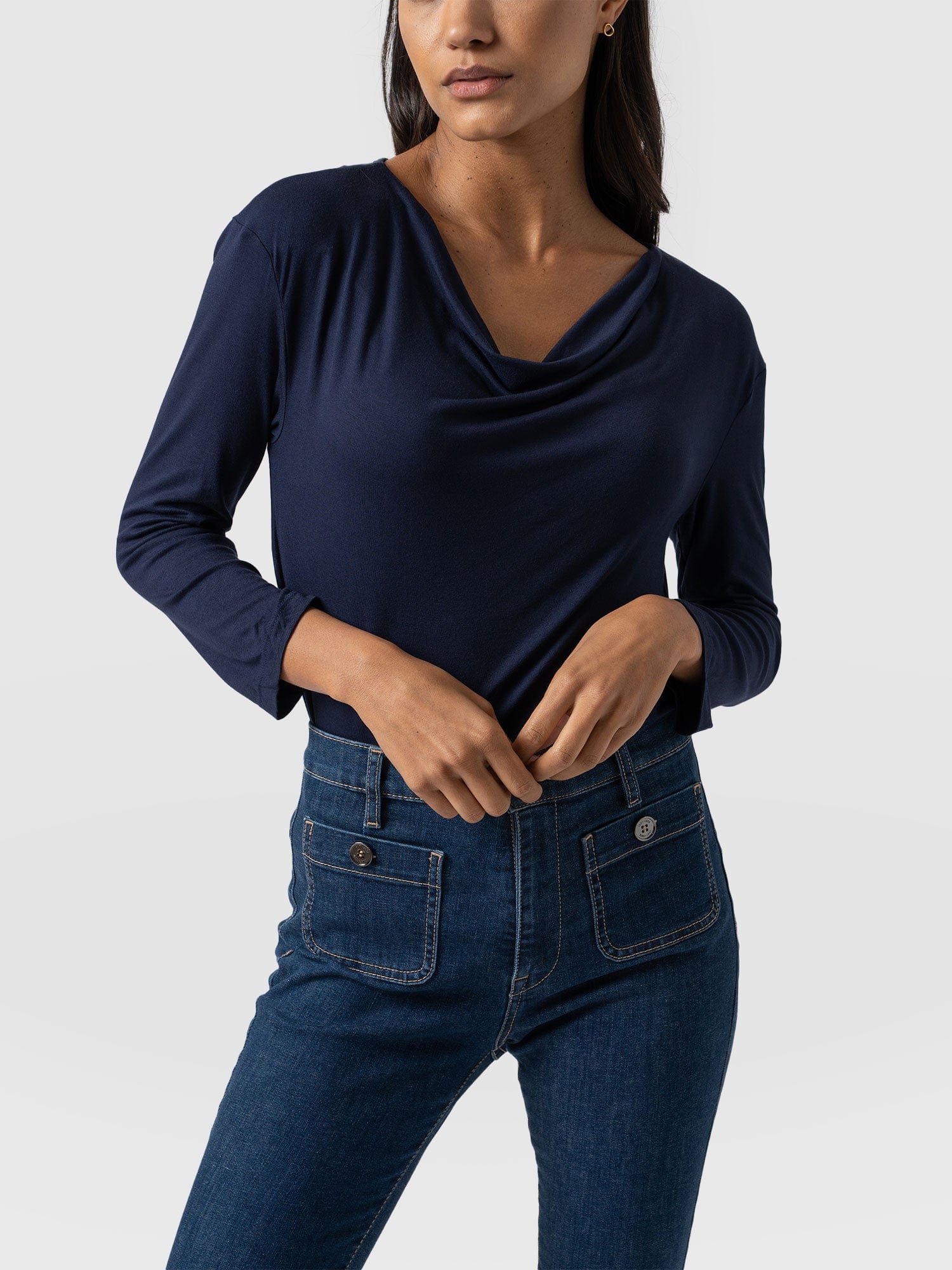 Cowl Neck Tee Navy Sleeves - Women's T-Shirts | Saint + Sofia® USA