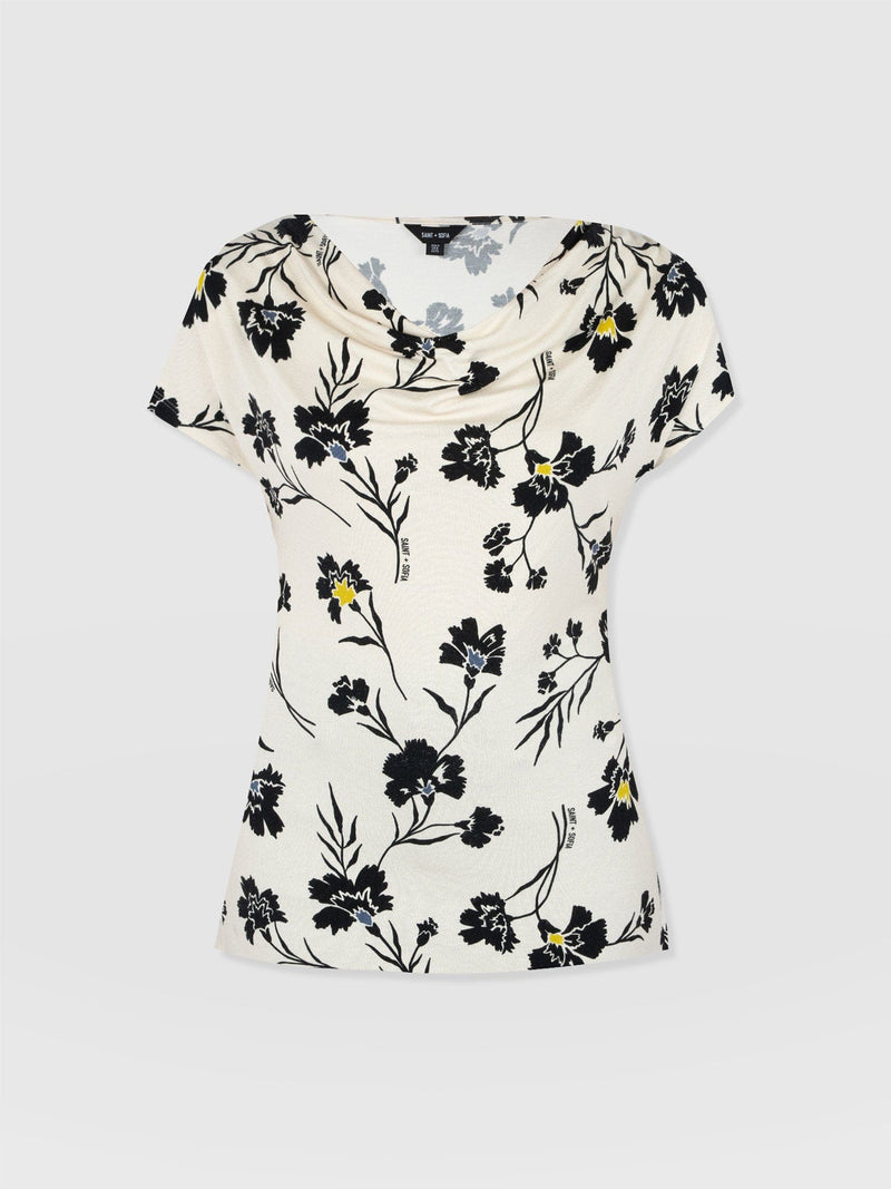Cowl Neck Tee - White Spring Floral - Women's T-Shirts | Saint + Sofia® USA