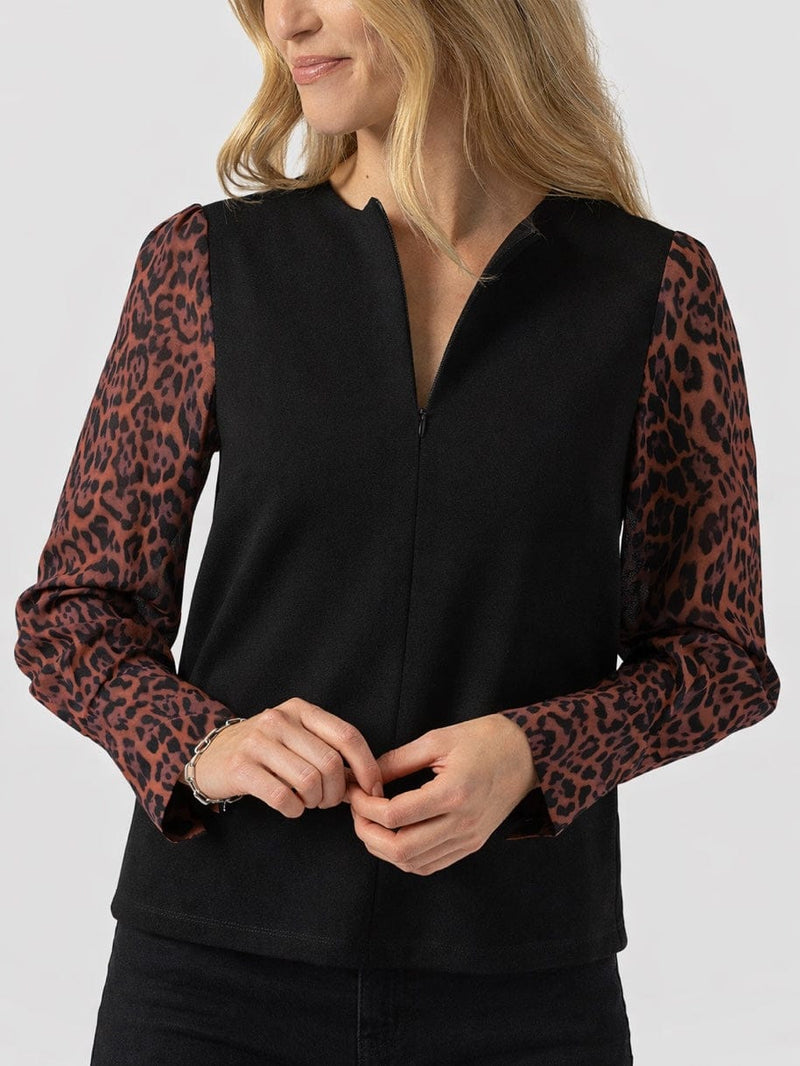 Ella Zip Up Top - Brown Leopard - Women's T-shirts | Saint + Sofia® USA
