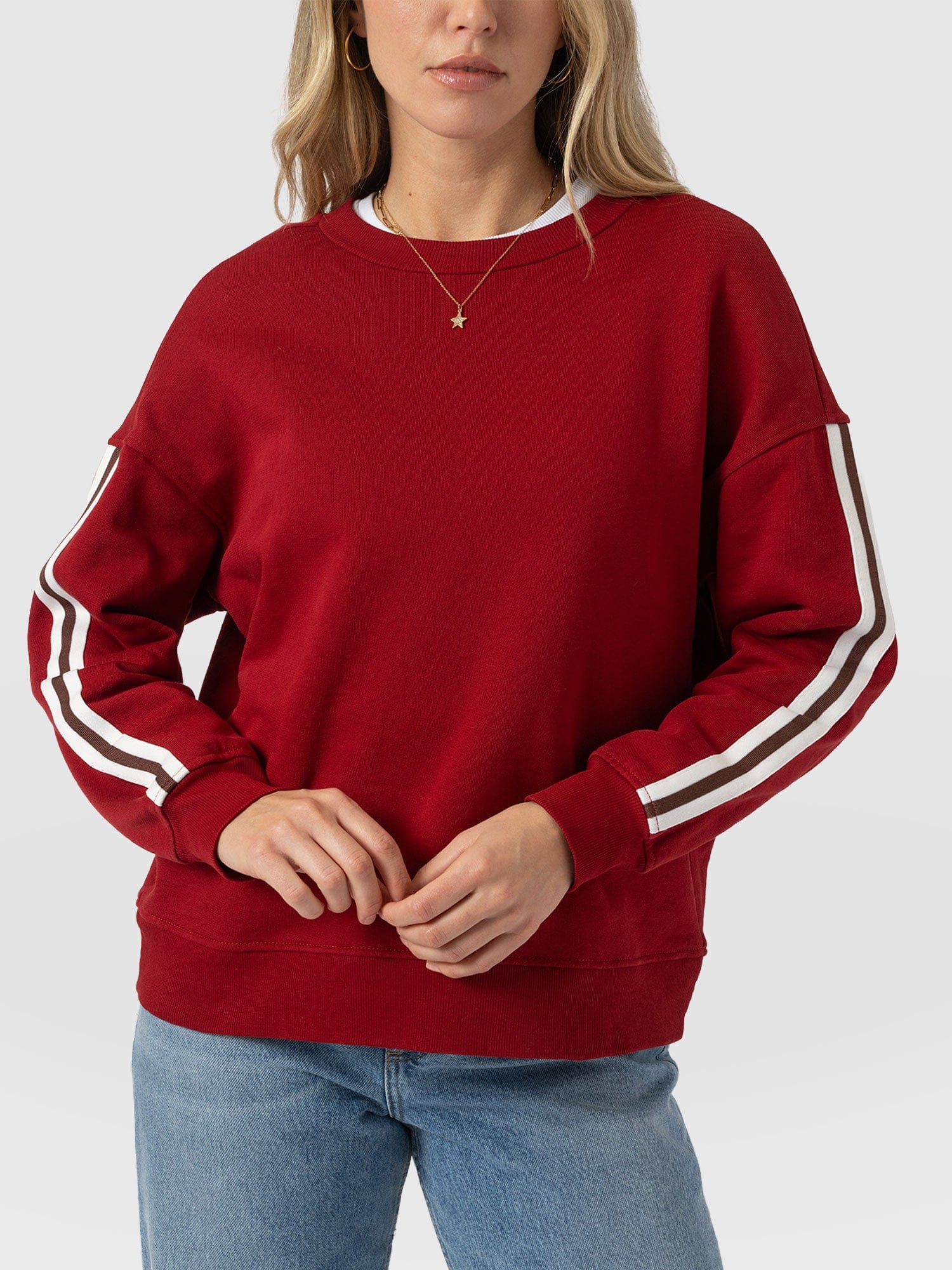 Victory Sweatshirt - Red - Brown Stripe - Women's Sweaters | Saint + Sofia® USA