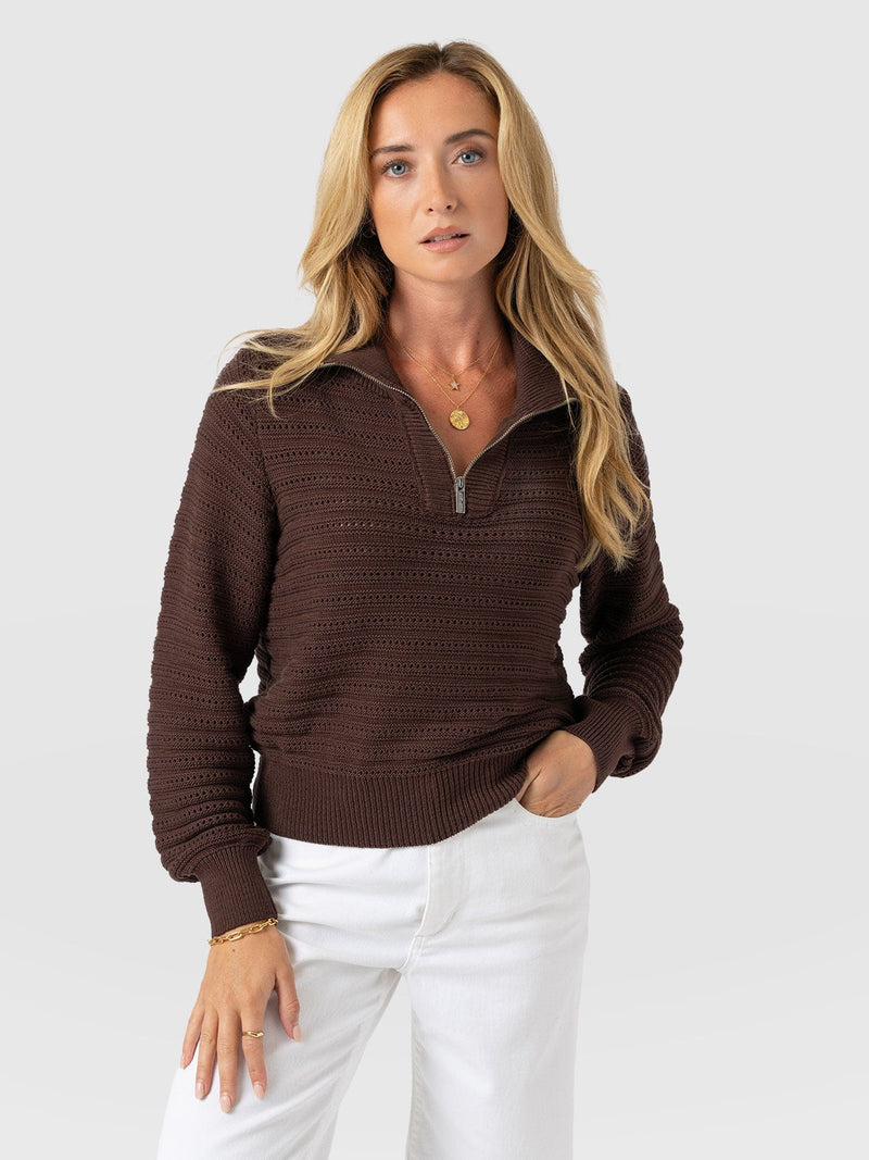 Ester Quarter Zip Knit - Chocolate - Women's Knitwears | Saint + Sofia® USA