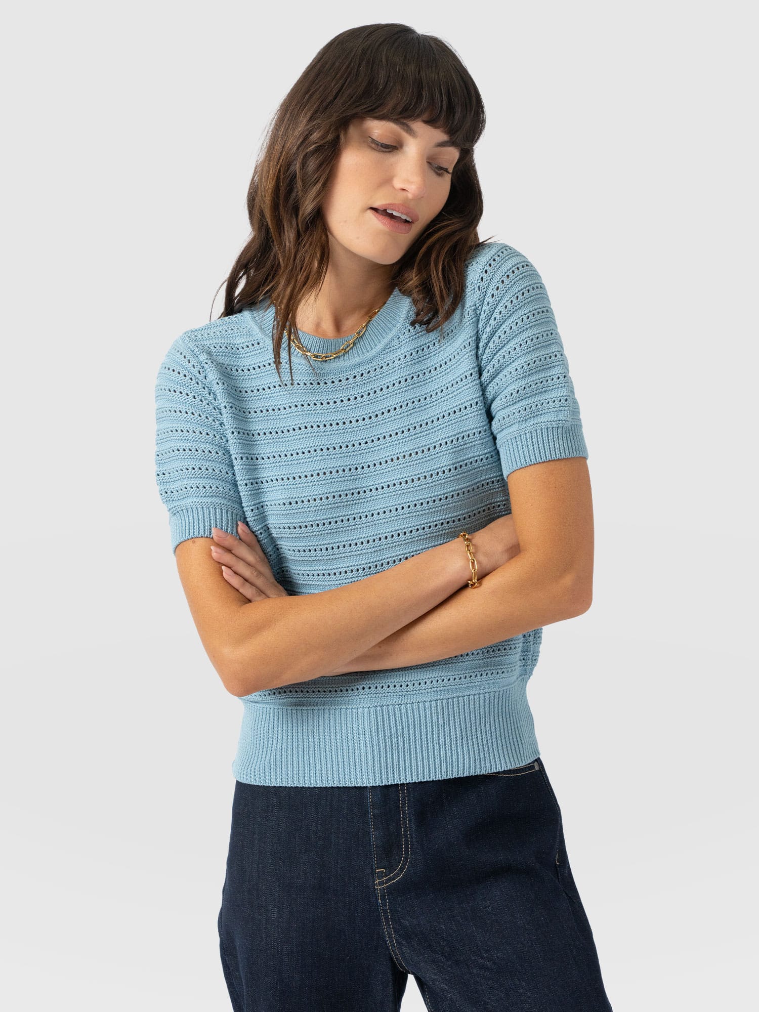 Ester Short Sleeve Knit - Powder Blue - Women's Sweaters | Saint + Sofia® USA