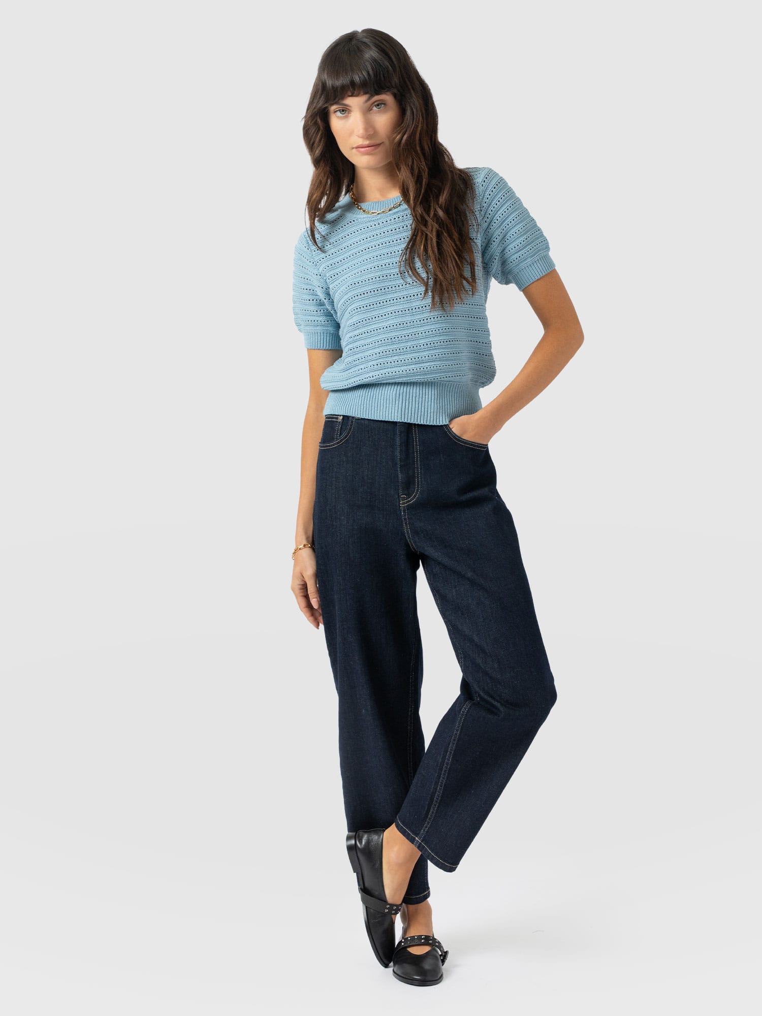 Ester Short Sleeve Knit - Powder Blue - Women's Sweaters | Saint + Sofia® USA
