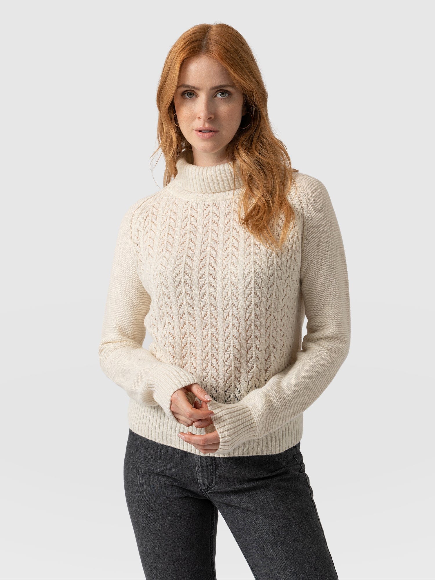 Glen Cable Knit sweater Cream Women's Sweaters Saint Sofia® USA