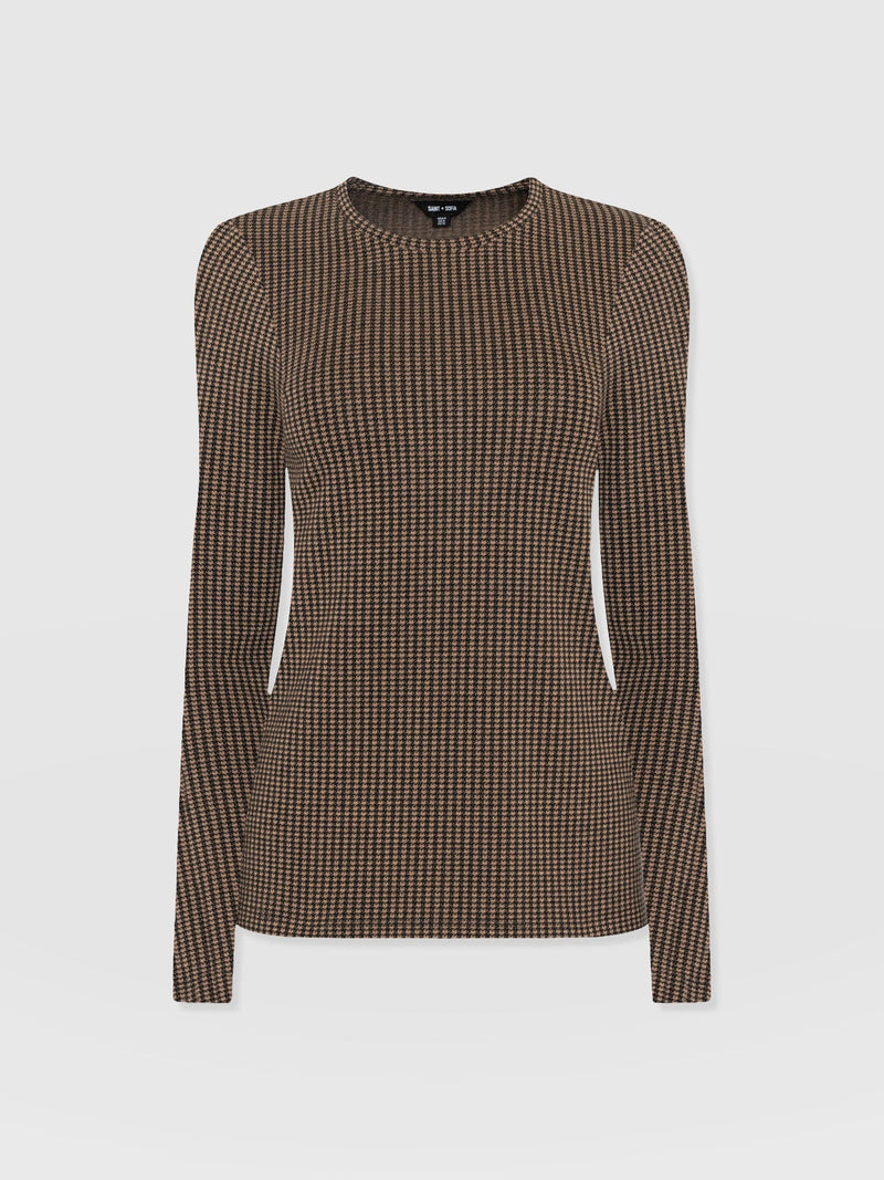Glen Crew Neck Tee Long Sleeve - Brown Mini Houndstooth - Women's T-shirts | Saint + Sofia® USA