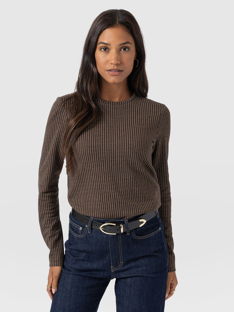 Glen Crew Neck Tee Long Sleeve - Brown Mini Houndstooth - Women's T-shirts | Saint + Sofia® USA