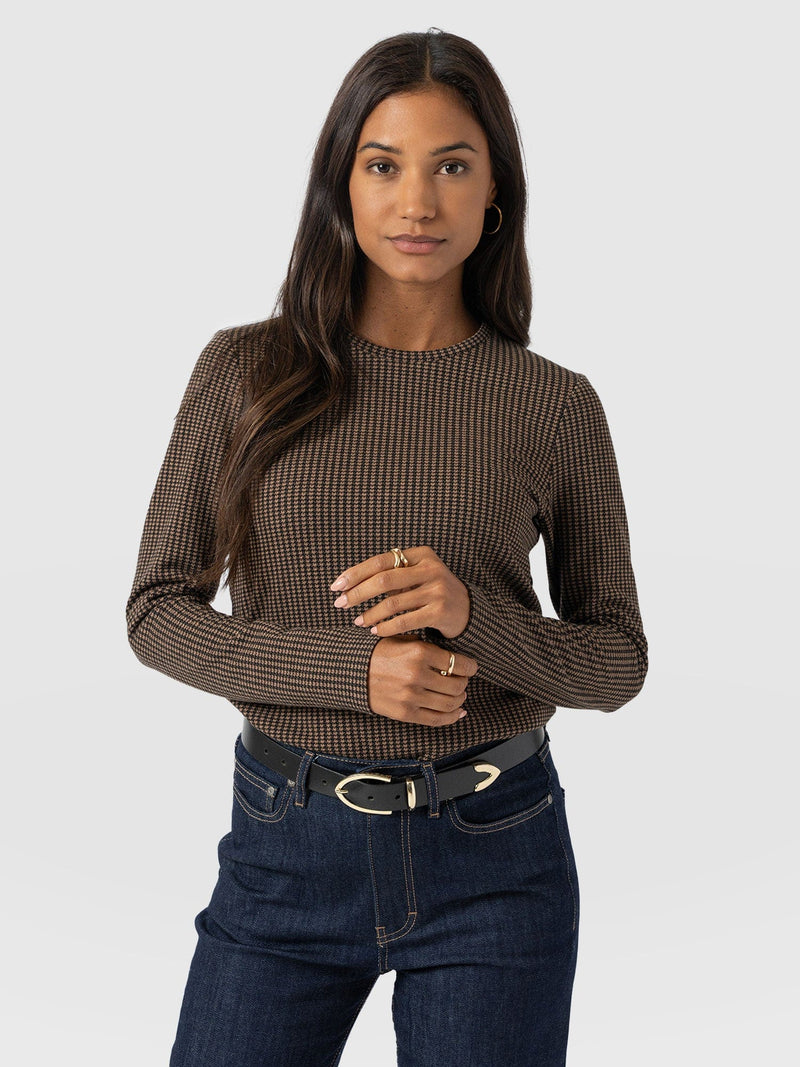 Glen Crew Neck Tee Long Sleeve - Brown Mini Houndstooth - Women's T-shirts | Saint + Sofia® USA