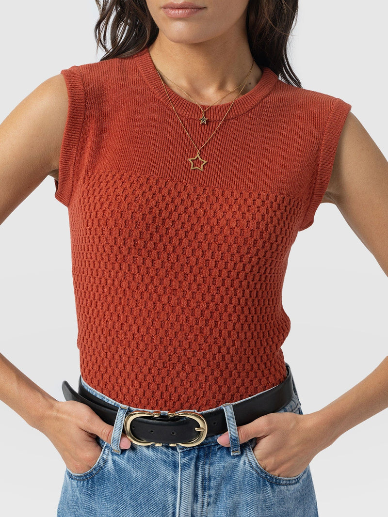 Honeycomb Sleeveless Rib Knit - Burnt Orange - Women's Knitwears | Saint + Sofia® USA