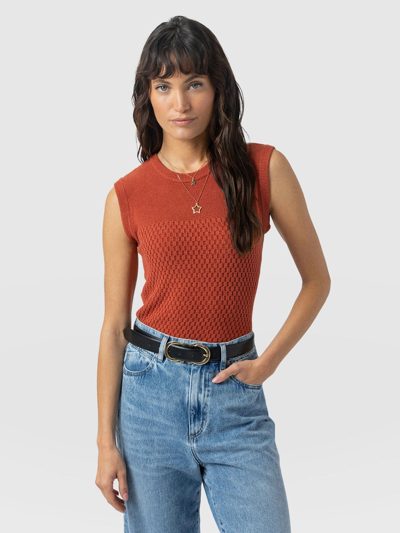 Honeycomb Sleeveless Rib Knit - Burnt Orange - Women's Knitwears | Saint + Sofia® USA