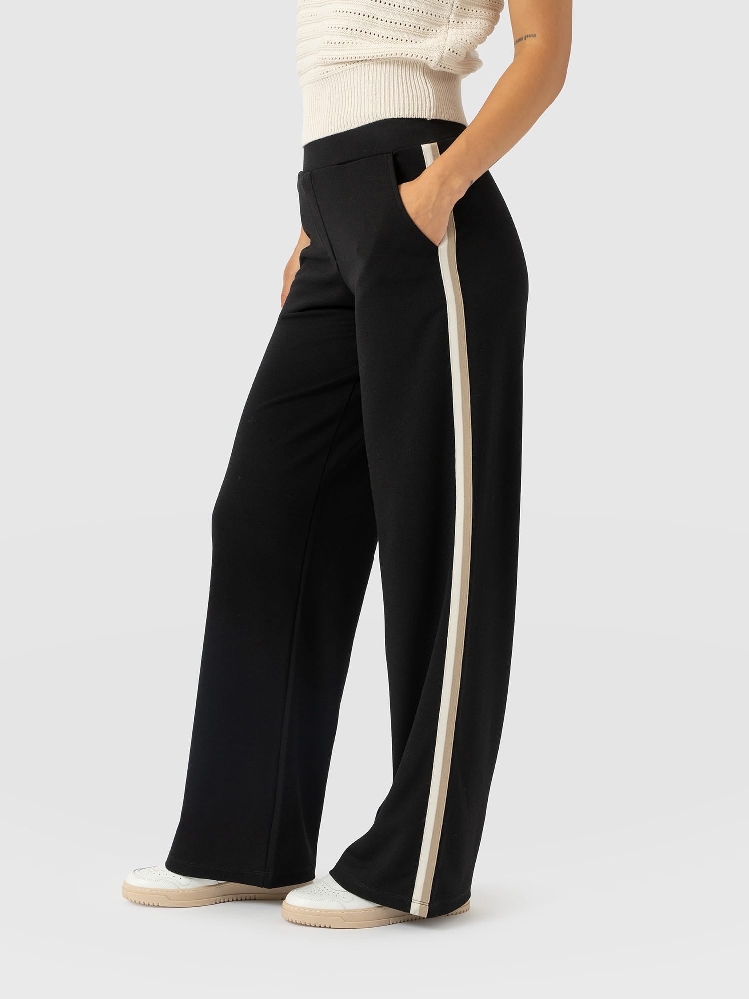 Hoxton Straight Leg Pant - Black - Cream/Beige Stripe - Women's Pants | Saint and Sofia® USA