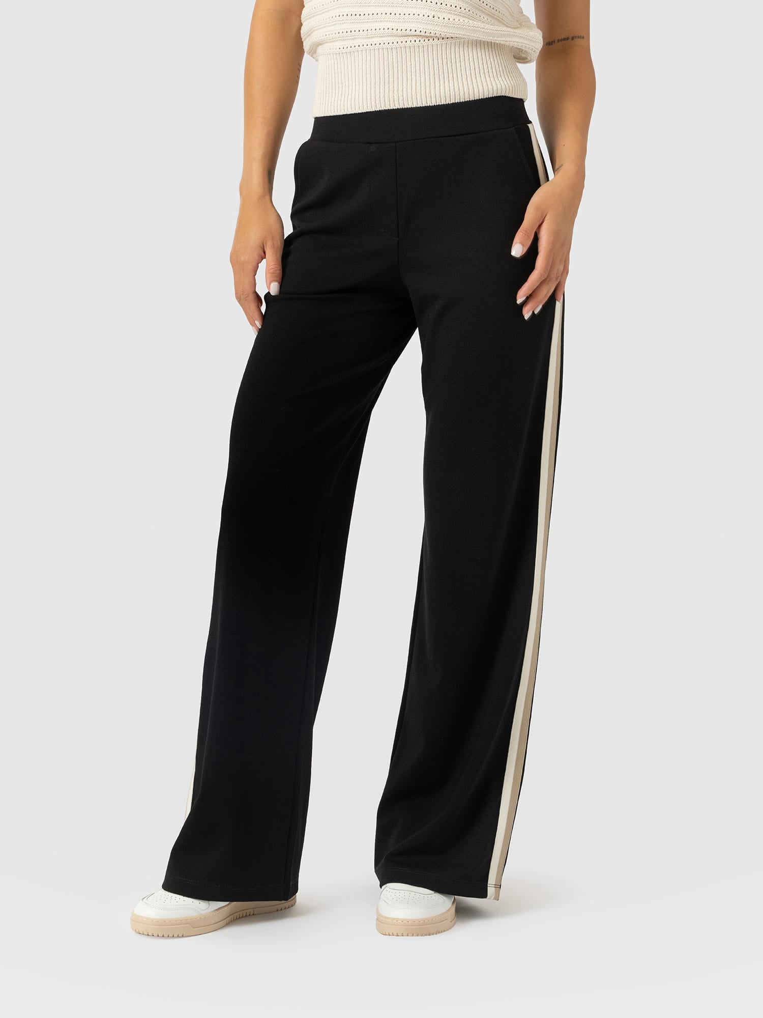 Hoxton Straight Leg Pant - Black - Cream/Beige Stripe - Women's Pants | Saint and Sofia® USA