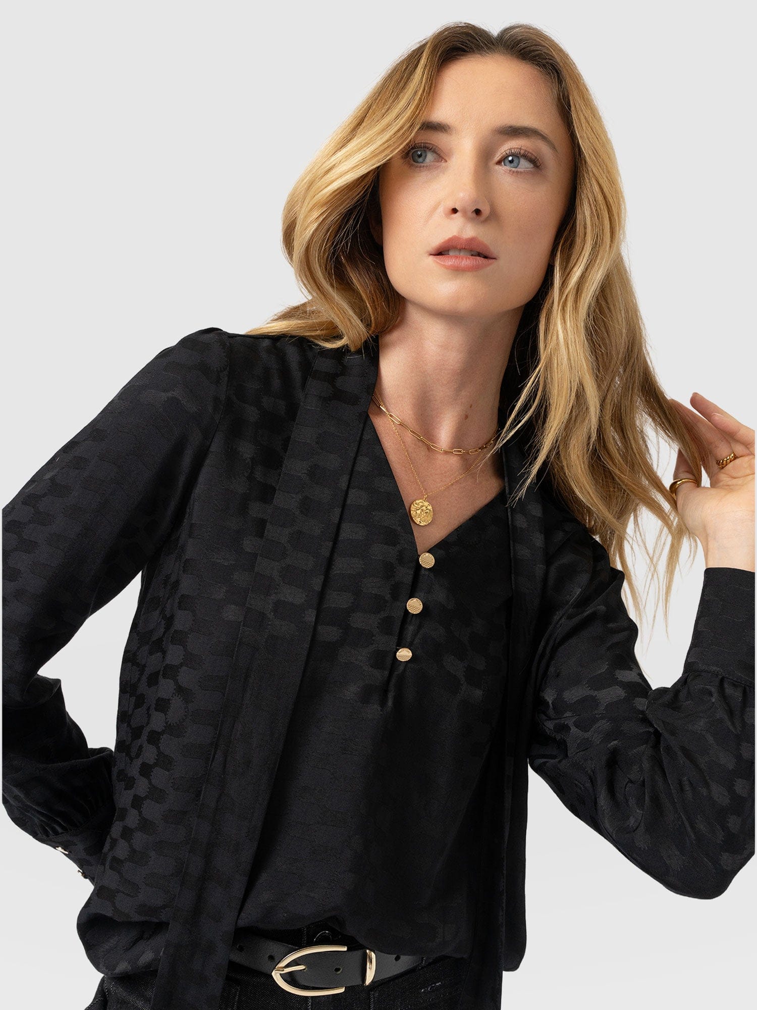 Joselyn V Neck Blouse - Black Jacquard - Women's Blouses | Saint + Sofia® USA