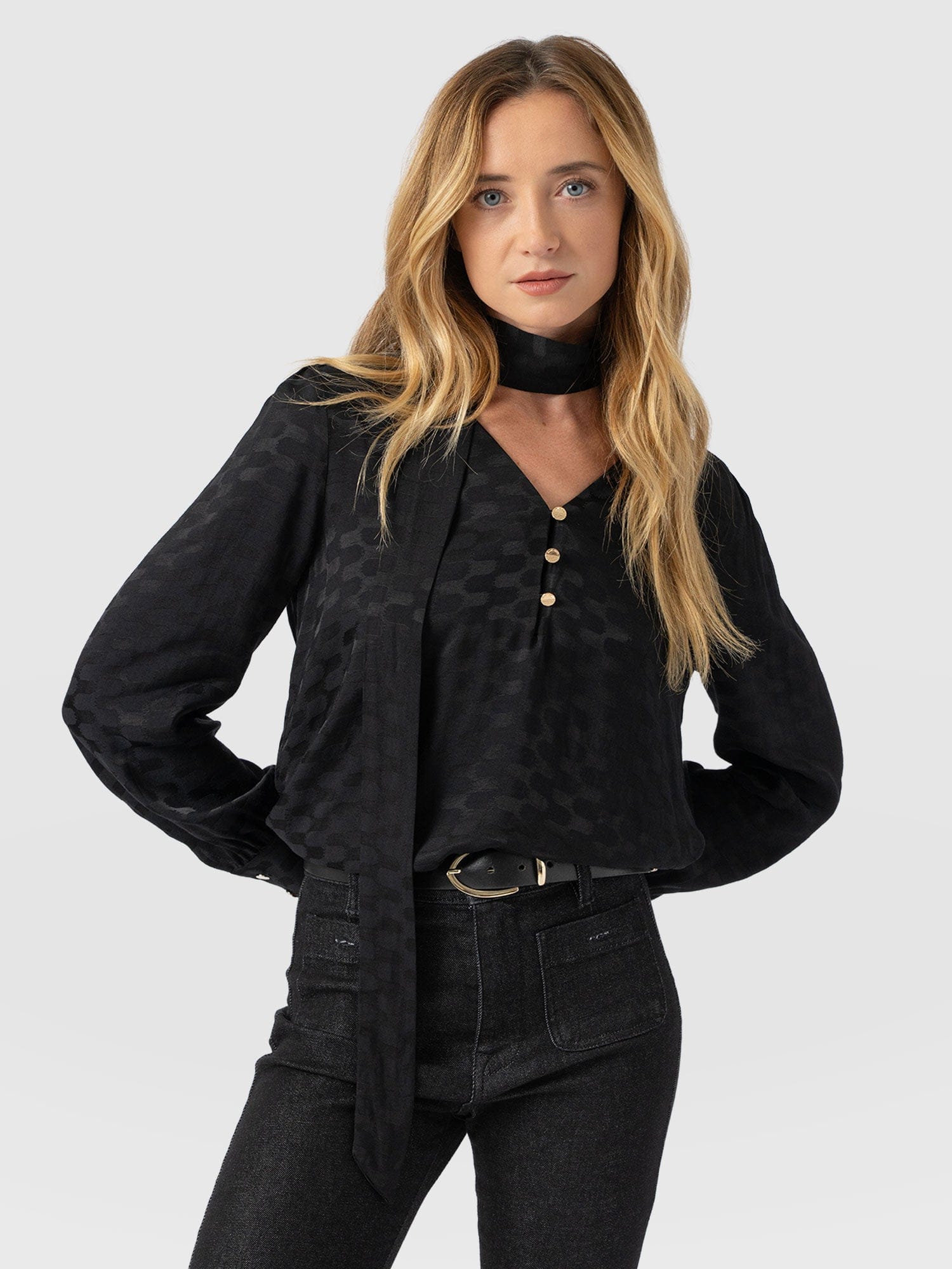 Joselyn V Neck Blouse - Black Jacquard - Women's Blouses | Saint + Sofia® USA