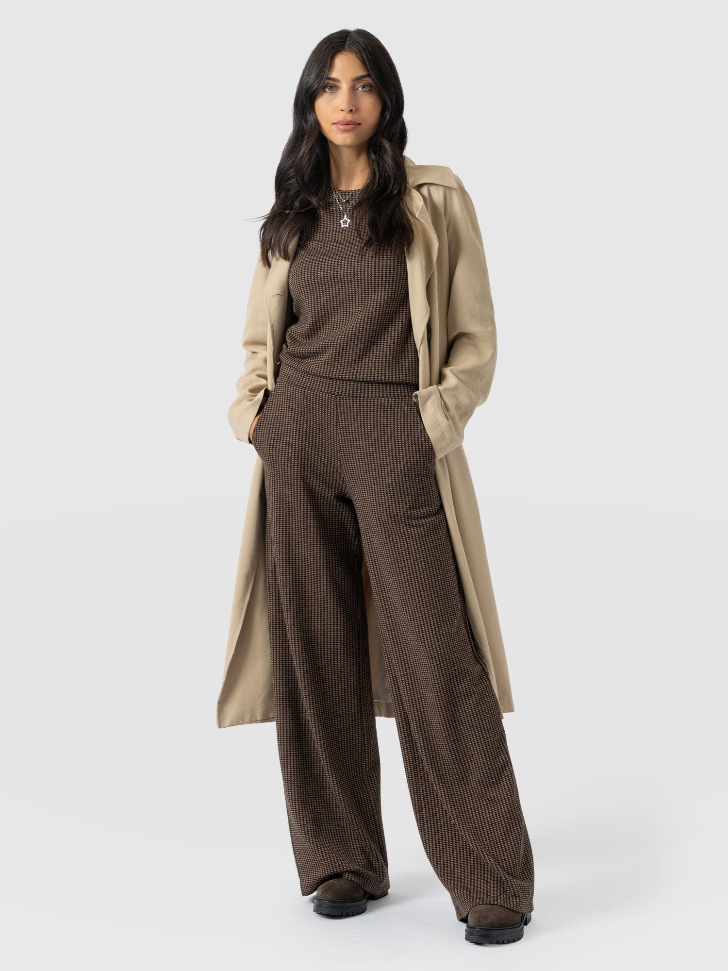 Keller Wide Leg Pant - Brown Mini Houndstooth - Women's Pants | Saint + Sofia® USA