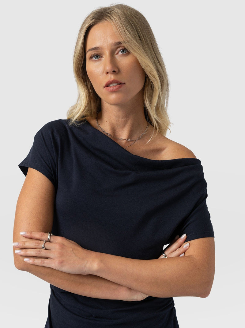 Laurie Cowl Neck Dress - Navy - Women's Dresses | Saint and Sofia® USA