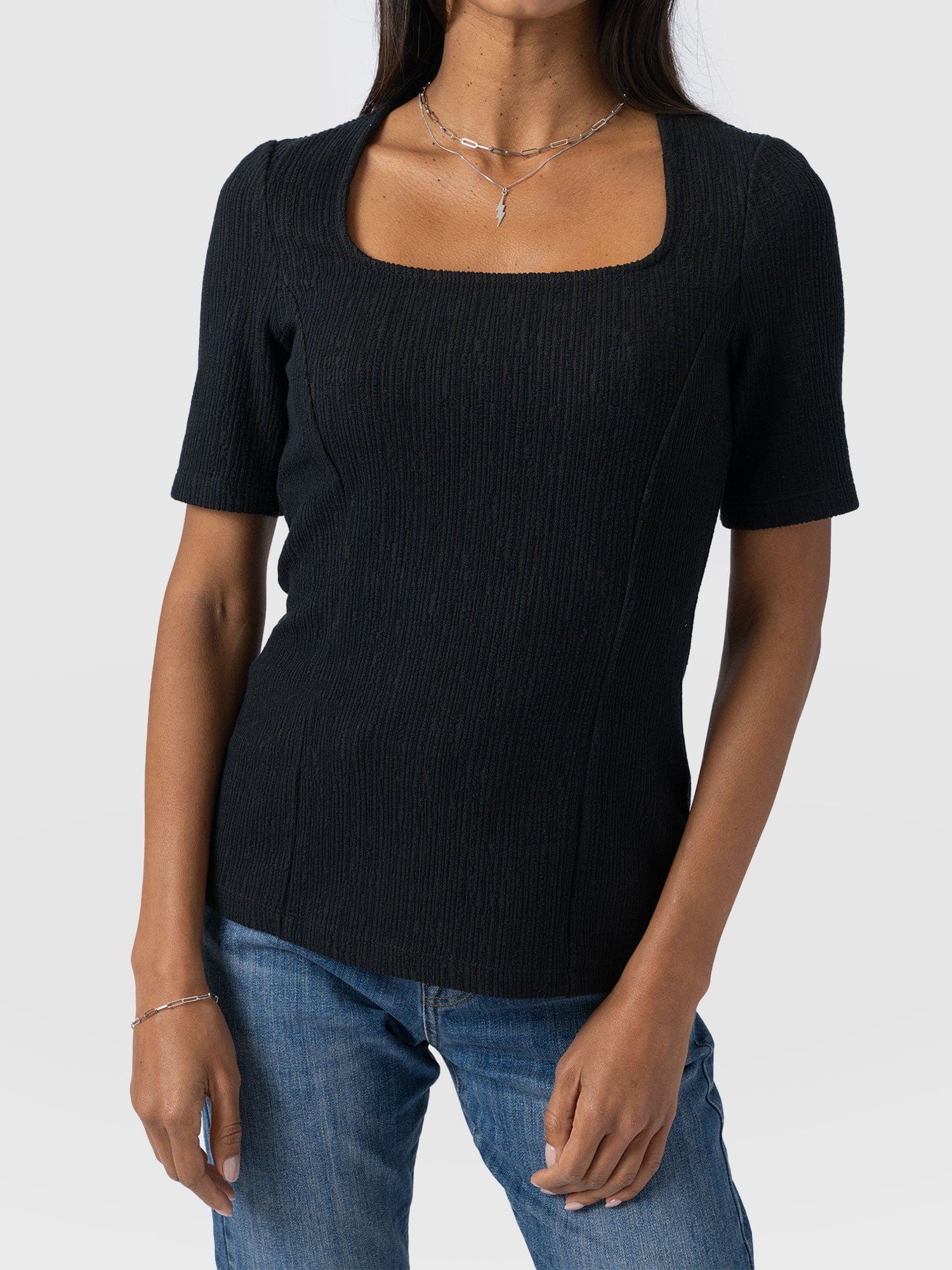 Akia Short Sleeve Tee - Black Textured - Women's T-Shirts | Saint + Sofia® USA