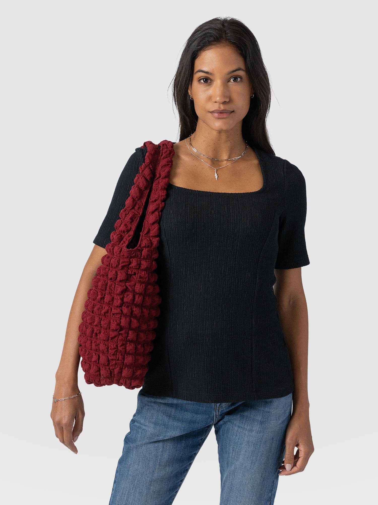 Akia Short Sleeve Tee - Black Textured - Women's T-Shirts | Saint + Sofia® USA