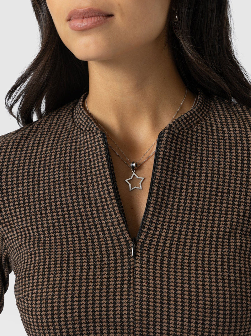 Macie Zip Up Dress - Brown Mini Houndstooth - Women's Dresses | Saint + Sofia® USA