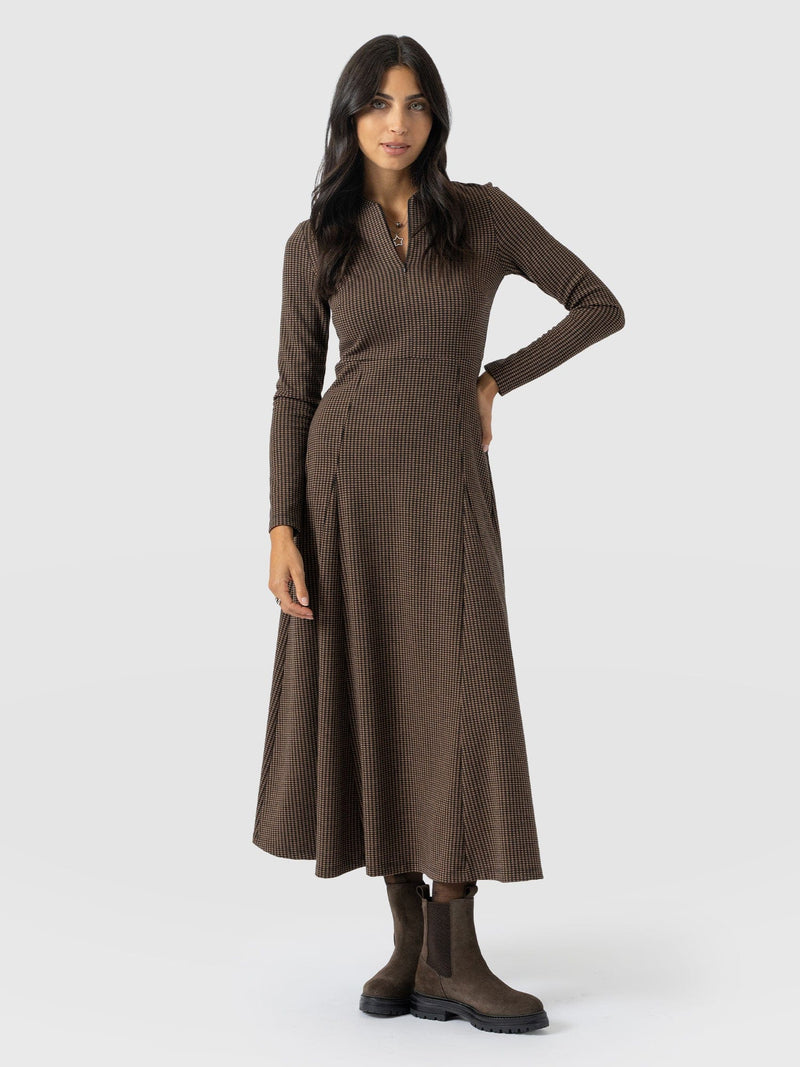 Macie Zip Up Dress - Brown Mini Houndstooth - Women's Dresses | Saint + Sofia® USA