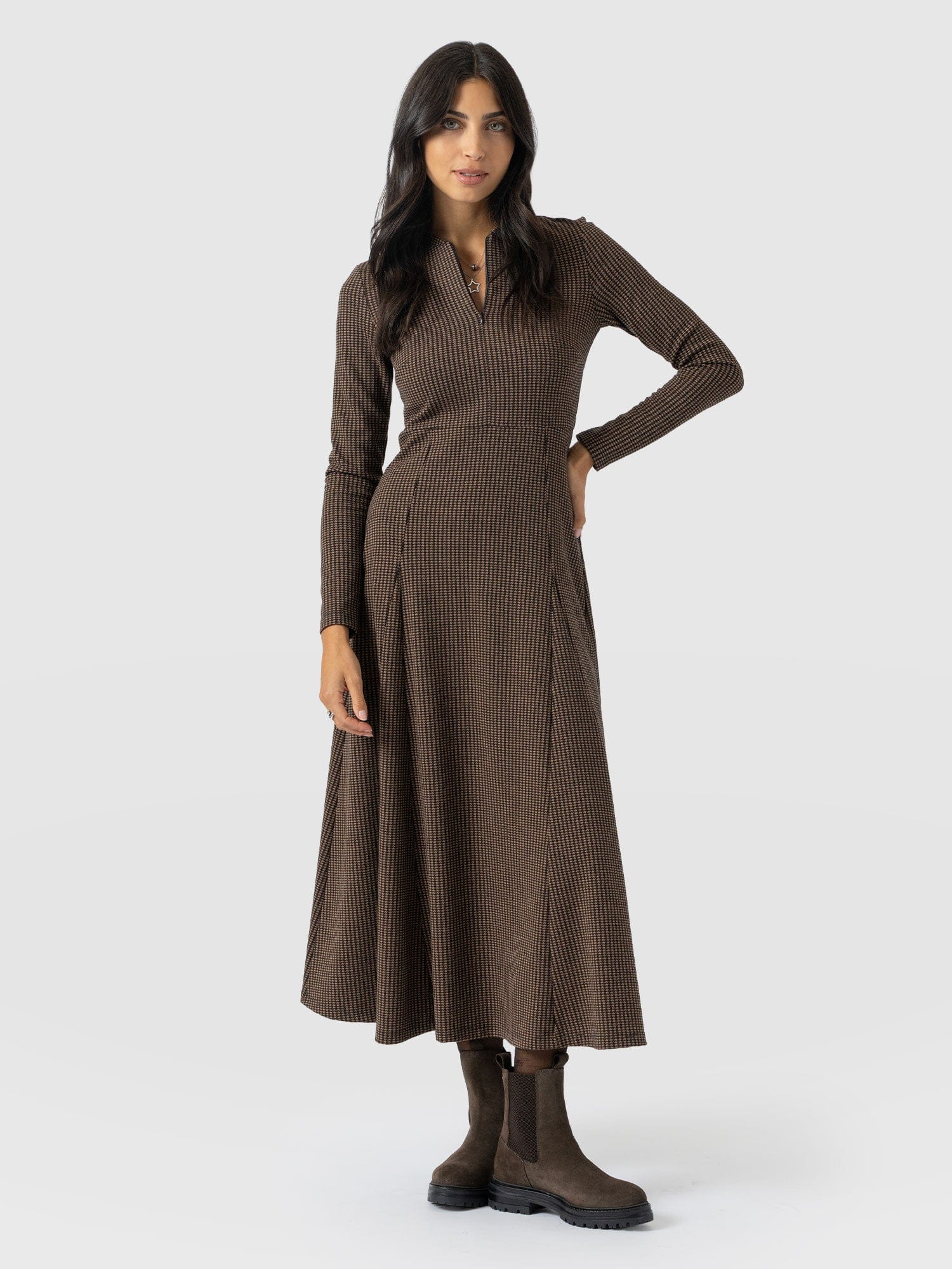 Macie Zip Up Dress - Brown Mini Houndstooth - Women's Dresses | Saint + Sofia® USA