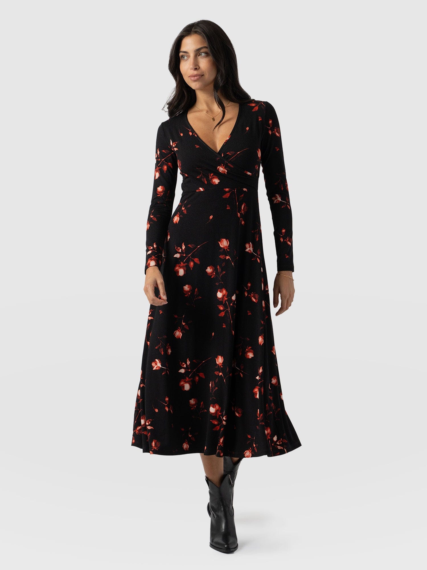 Maggie Wrap Midi Dress Dark Roses - Women's Dresses | Saint and Sofia® USA