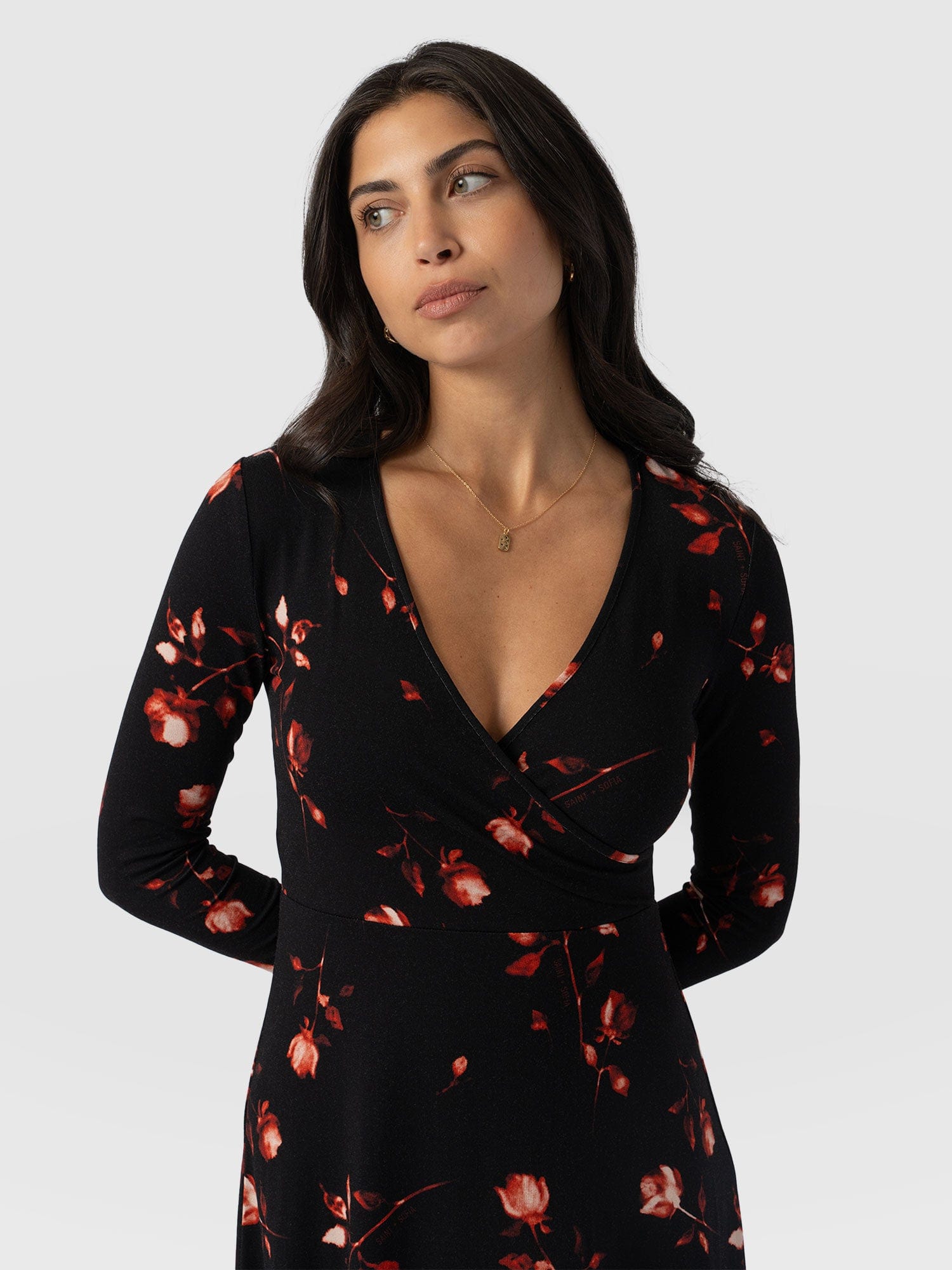 Maggie Wrap Midi Dress Dark Roses - Women's Dresses | Saint and Sofia® USA